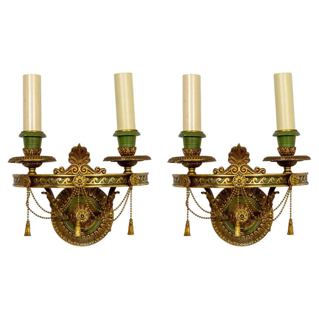 Neoclassical Cast Brass Sconces W/ Green Accents, Pair