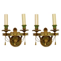 Neoclassical Cast Brass Sconces W/ Green Accents, Pair