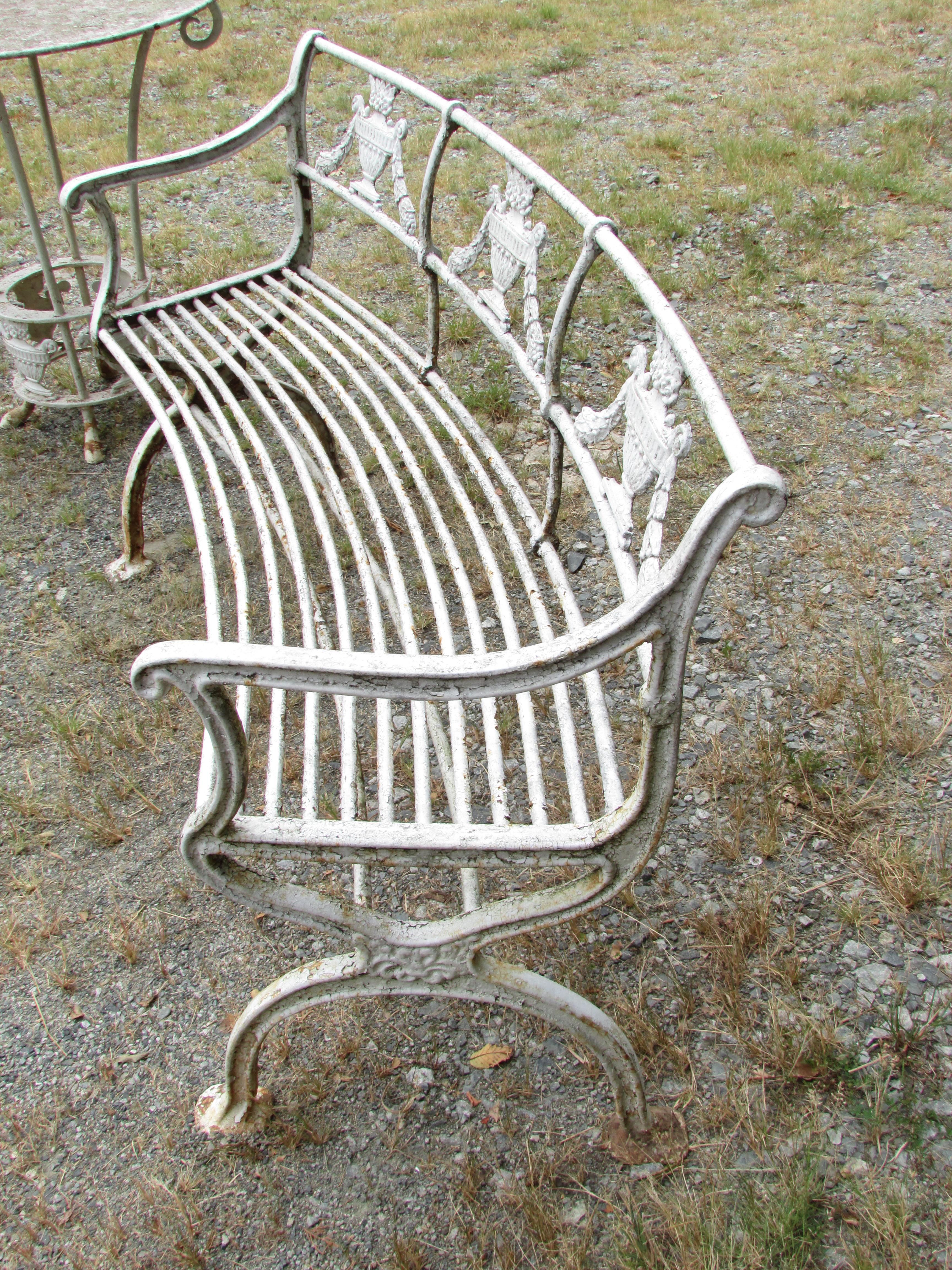 Neoclassical Cast Iron Benches and Table In Distressed Condition For Sale In High Point, NC