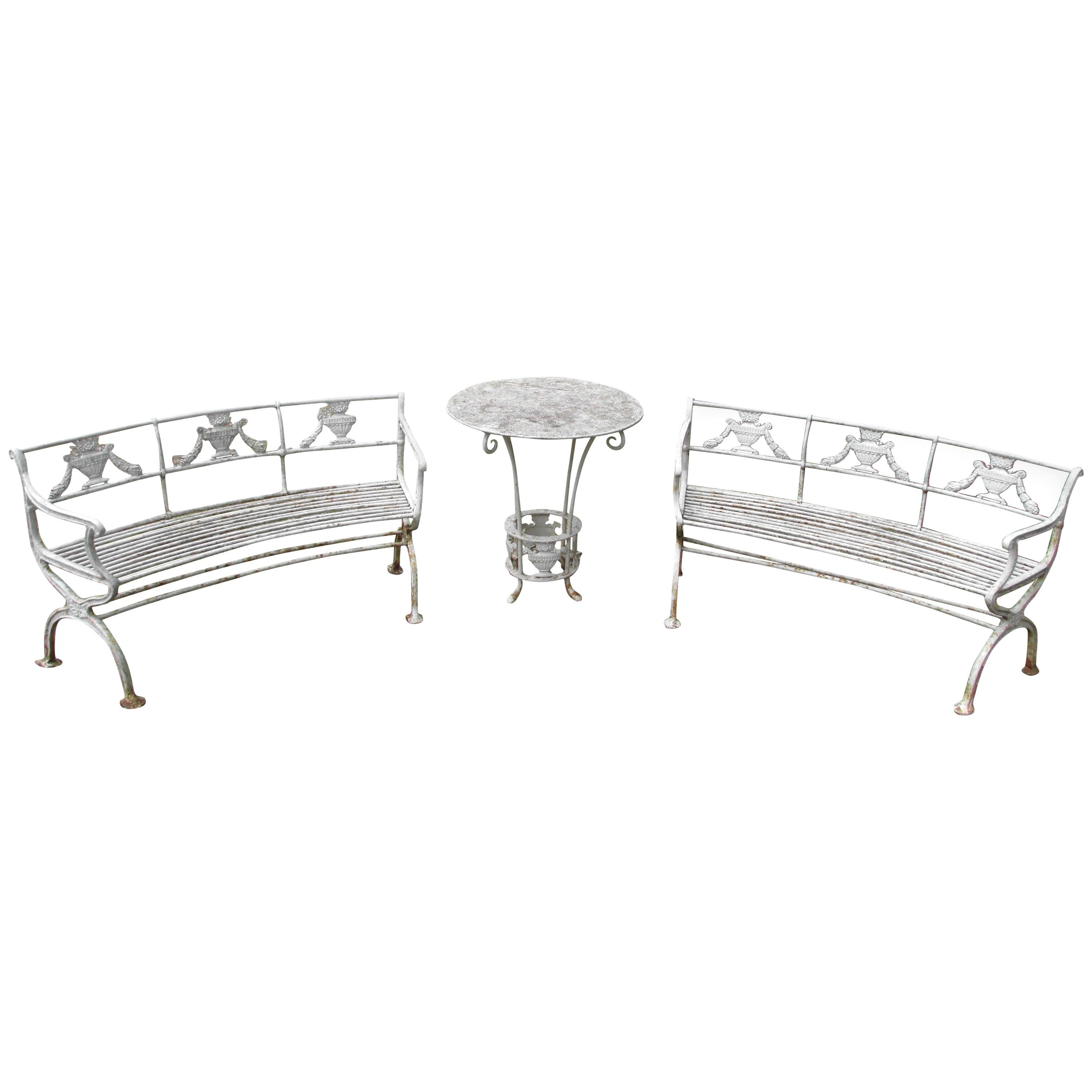 Neoclassical Cast Iron Benches and Table For Sale