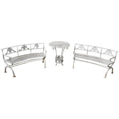 Neoclassical Cast Iron Benches and Table
