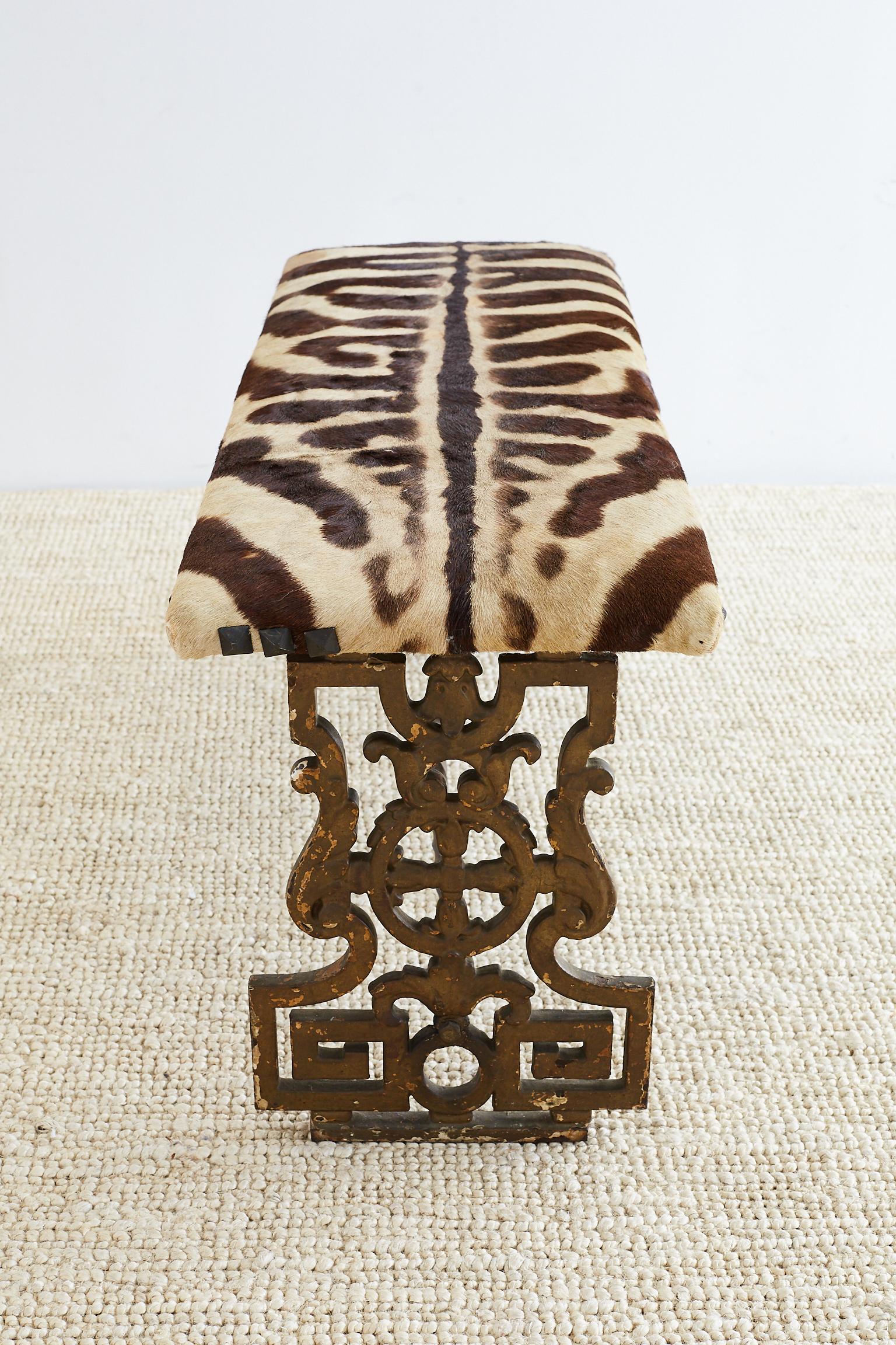 Neoclassical Cast Iron Vanity Bench with Zebra Hide 5