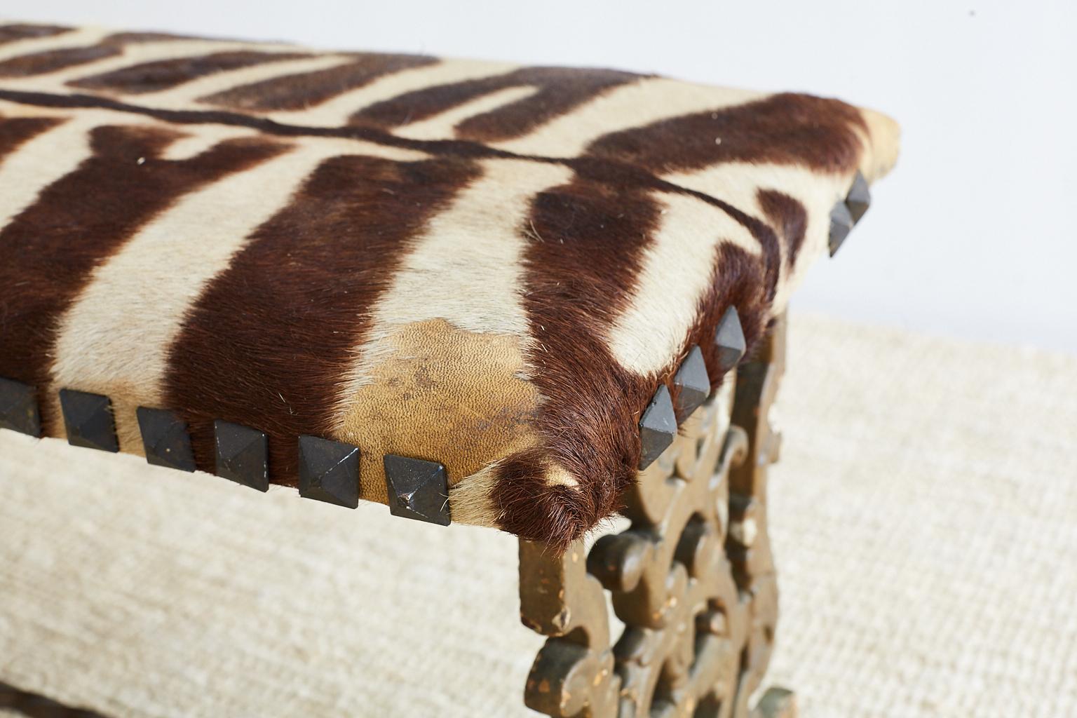 Neoclassical Cast Iron Vanity Bench with Zebra Hide 1