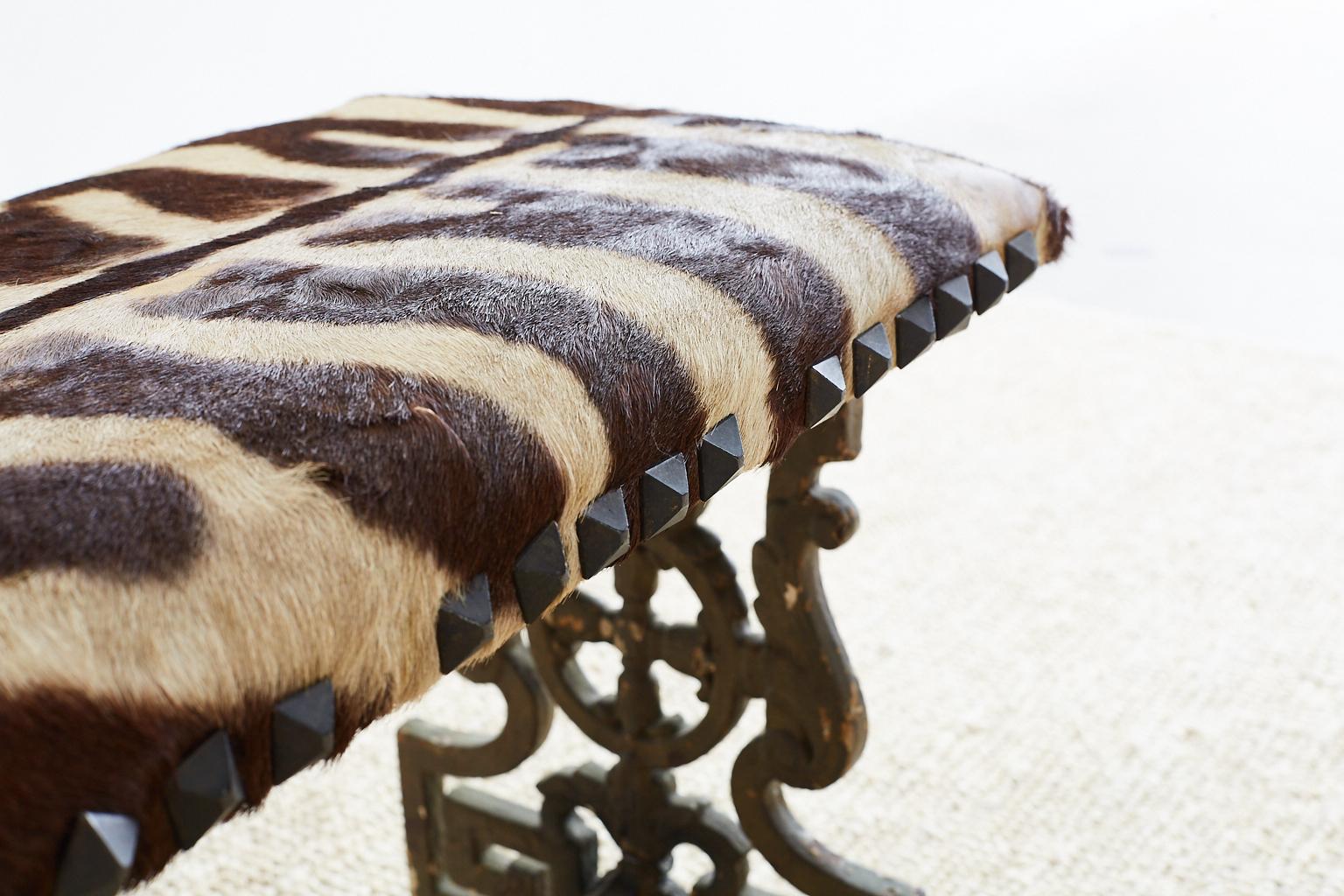 Neoclassical Cast Iron Vanity Bench with Zebra Hide 2