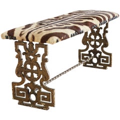 Neoclassical Cast Iron Vanity Bench with Zebra Hide