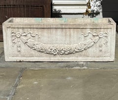 Neoclassical Cast Stone Garden Trough Planter with Garland and Bow Relief