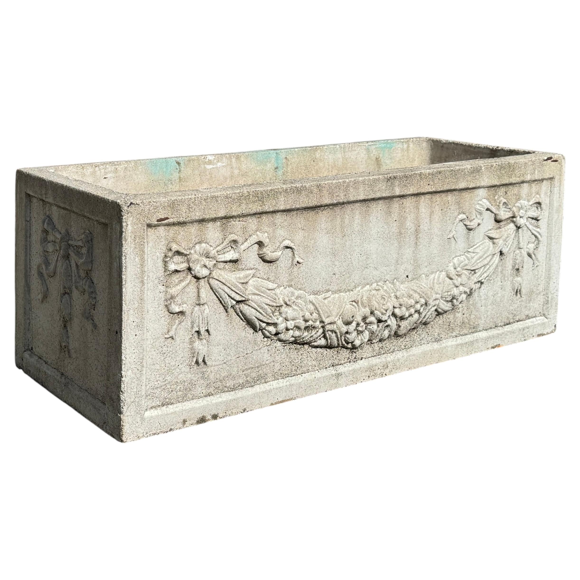 Neoclassical Cast Stone Garden Trough Planter with Garland and Bow Relief