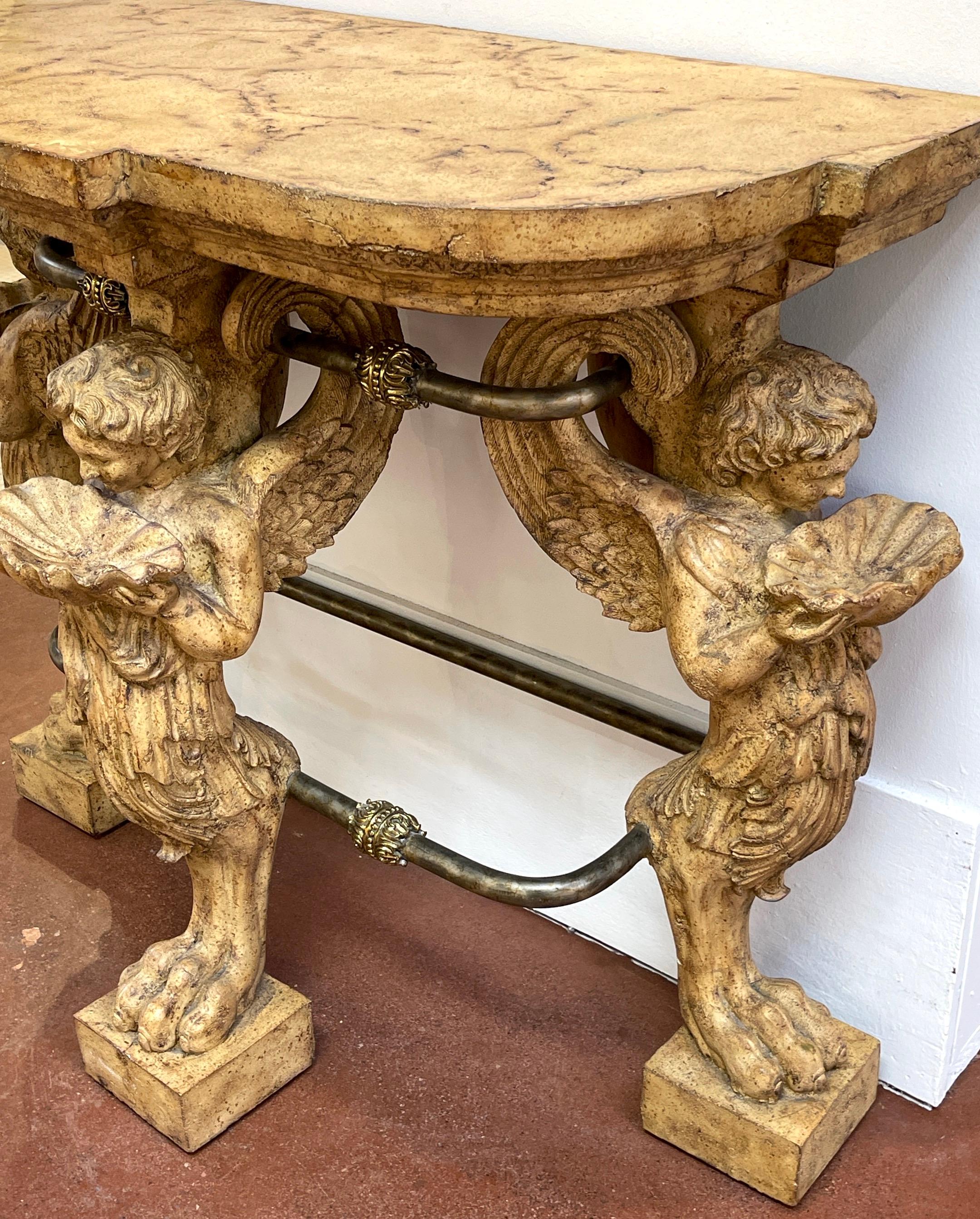 Neoclassical Cast Stone Iron & Brass  Angel Caryatid Console Table 10