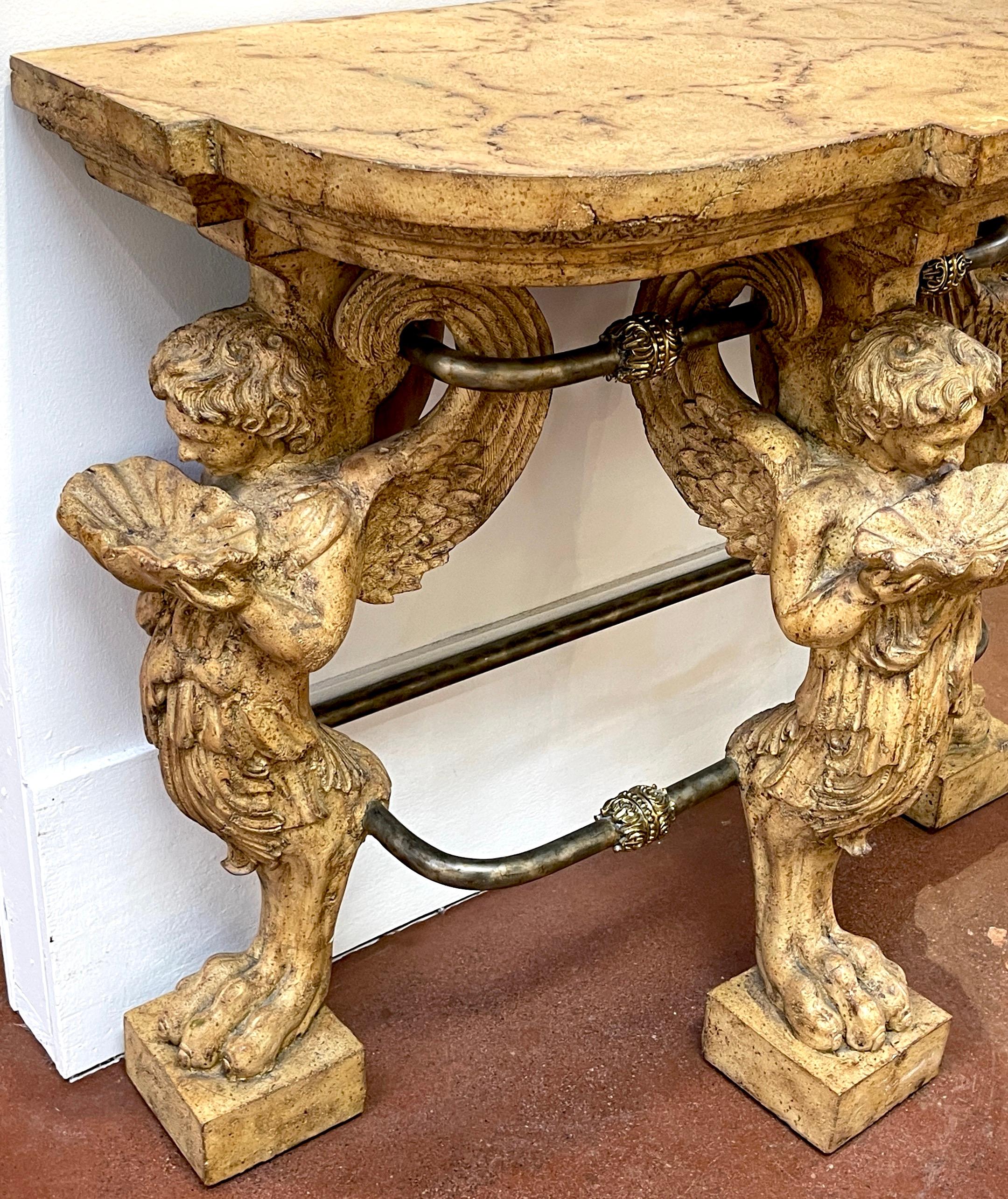 Neoclassical Cast Stone Iron & Brass  Angel Caryatid Console Table 11