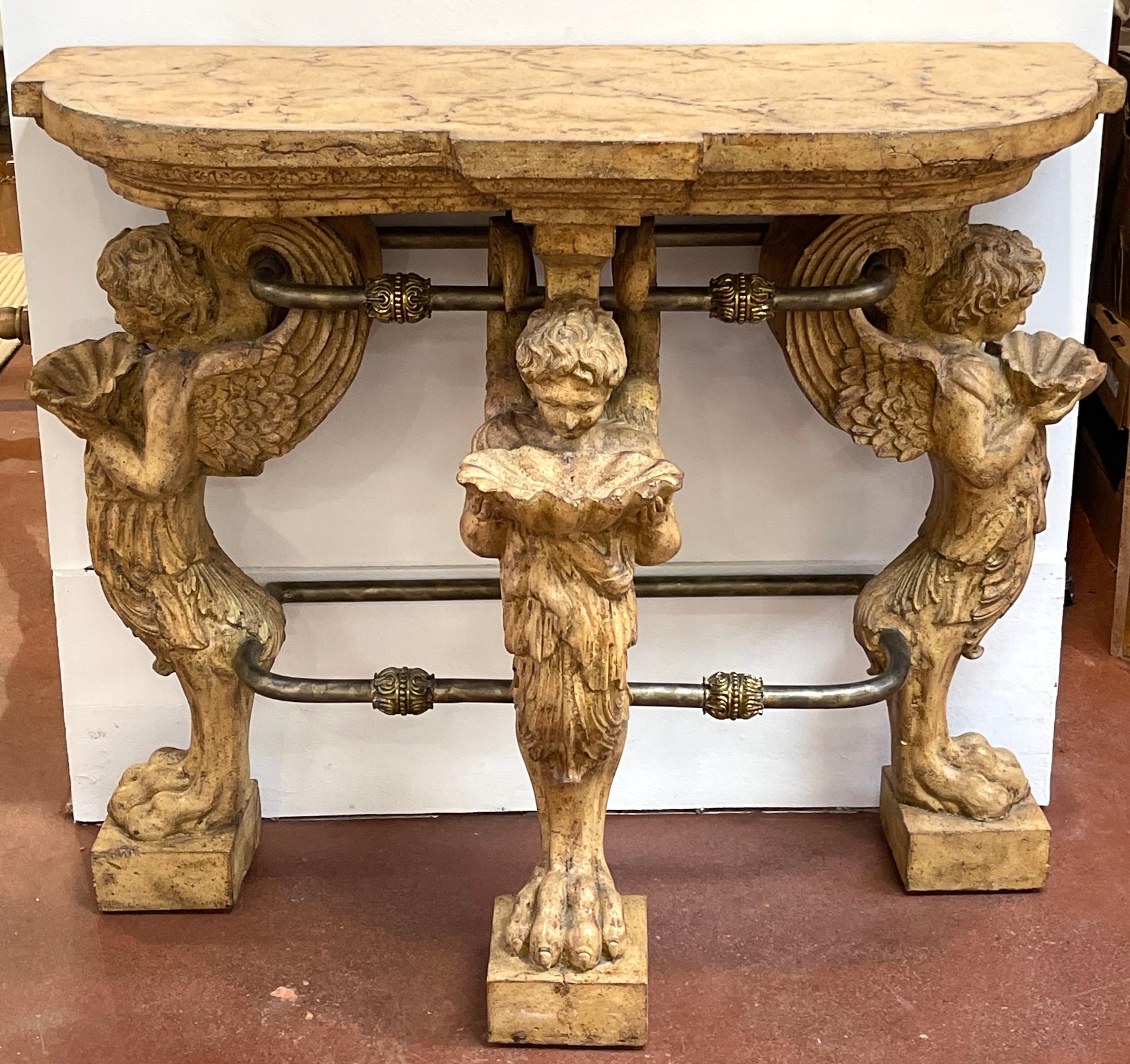 Polychromed Neoclassical Cast Stone Iron & Brass  Angel Caryatid Console Table