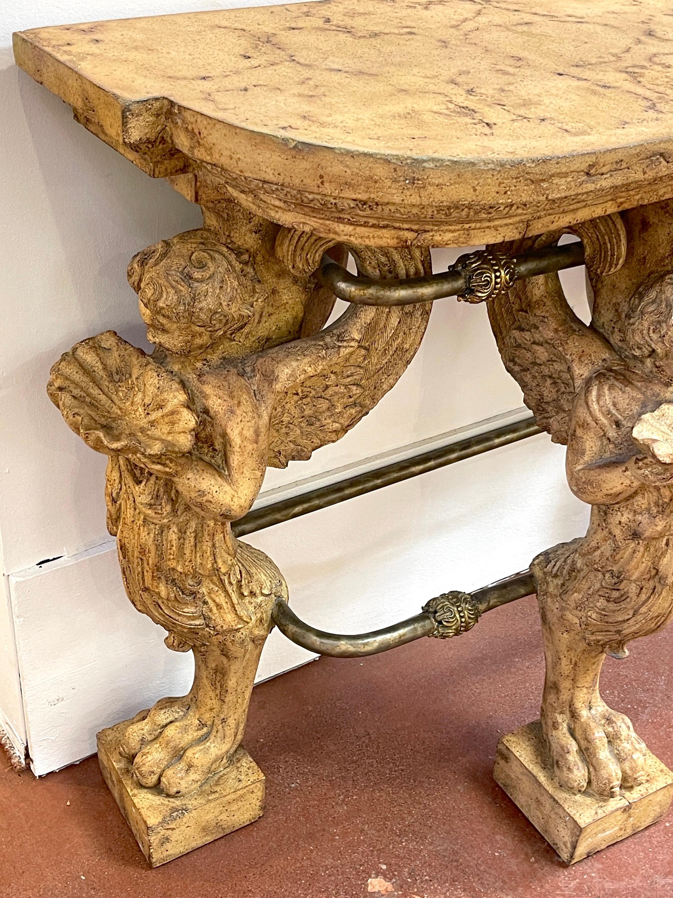 20th Century Neoclassical Cast Stone Iron & Brass  Angel Caryatid Console Table For Sale