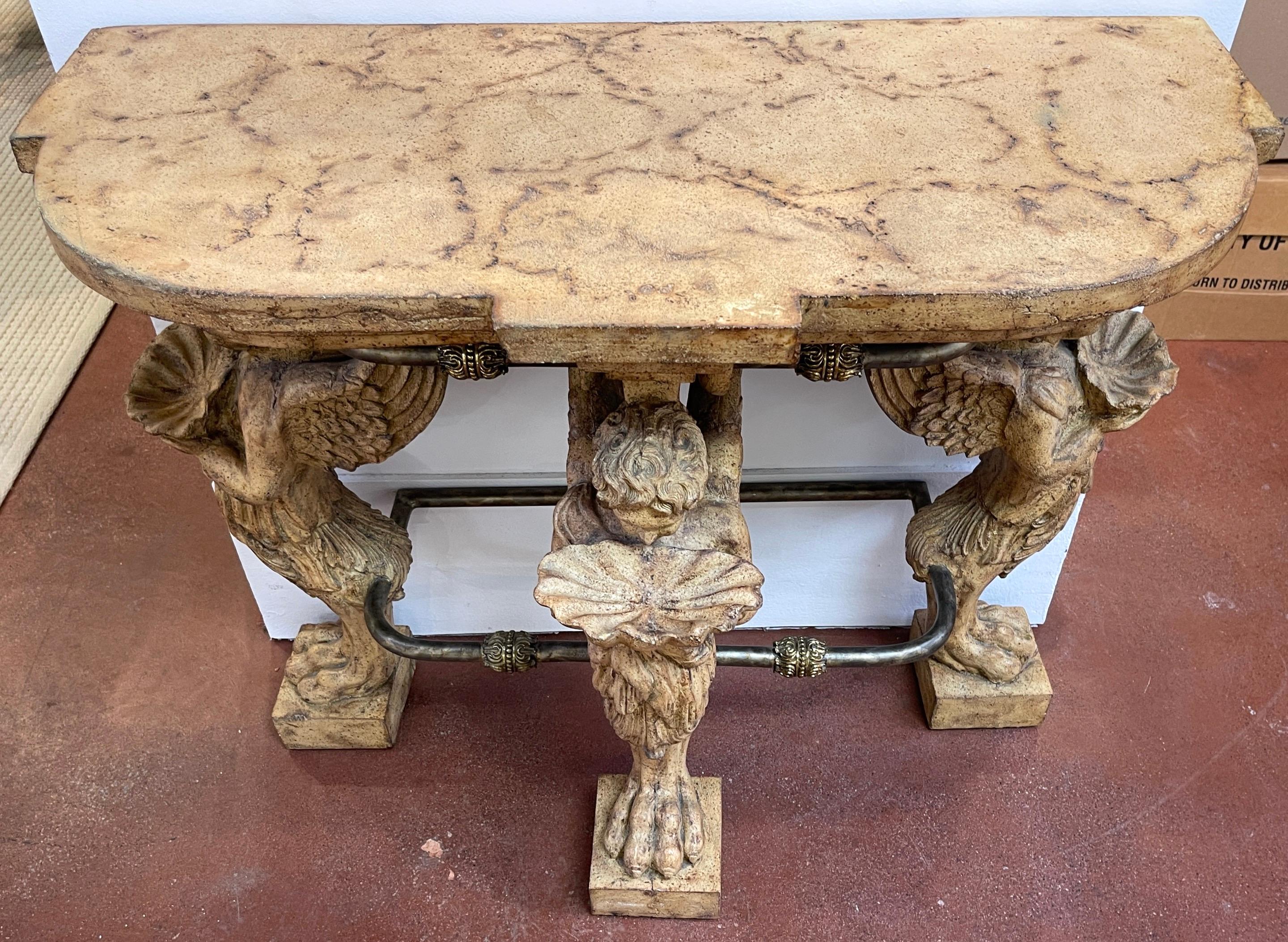 Neoclassical Cast Stone Iron & Brass  Angel Caryatid Console Table For Sale 4
