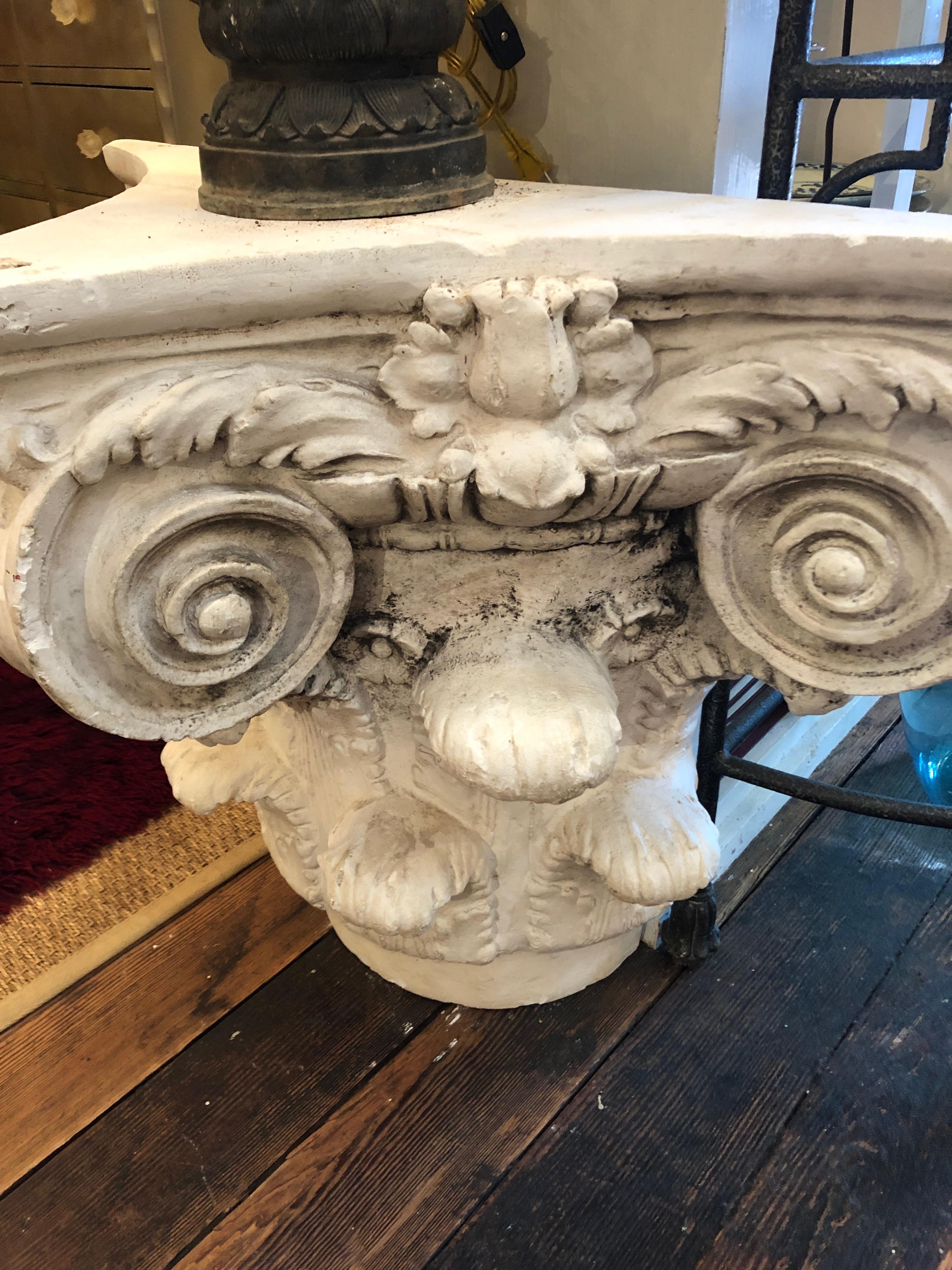 American Neoclassical Cement Corinthian Column Fragment End Table