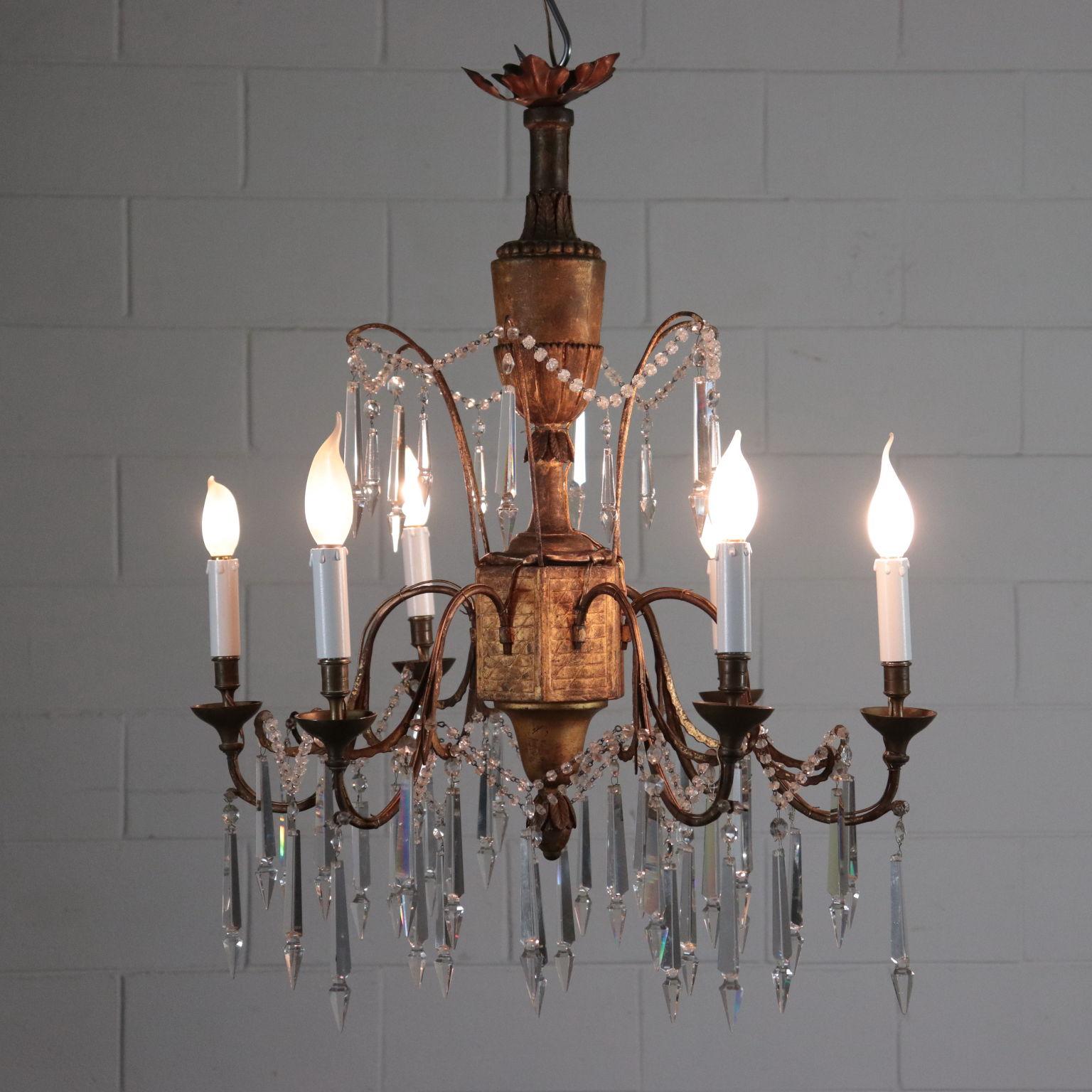Italian Neoclassical Chandelier, Carved Wood and Wrought Iron, Italy, 18th Century