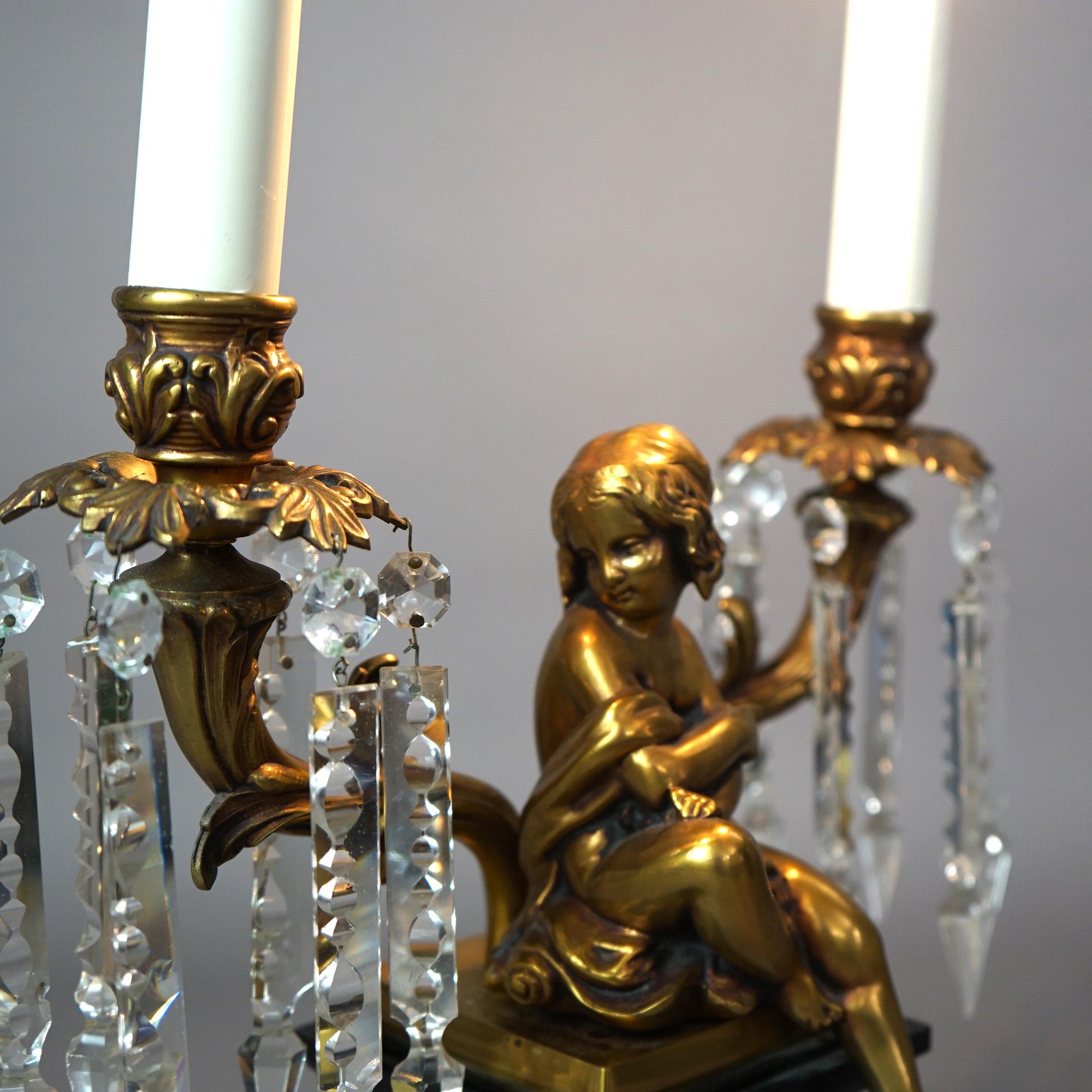  Neoclassical Cherub Figural Two-Arm Brass & Ebonized Metal Table Lamp 20thC For Sale 5