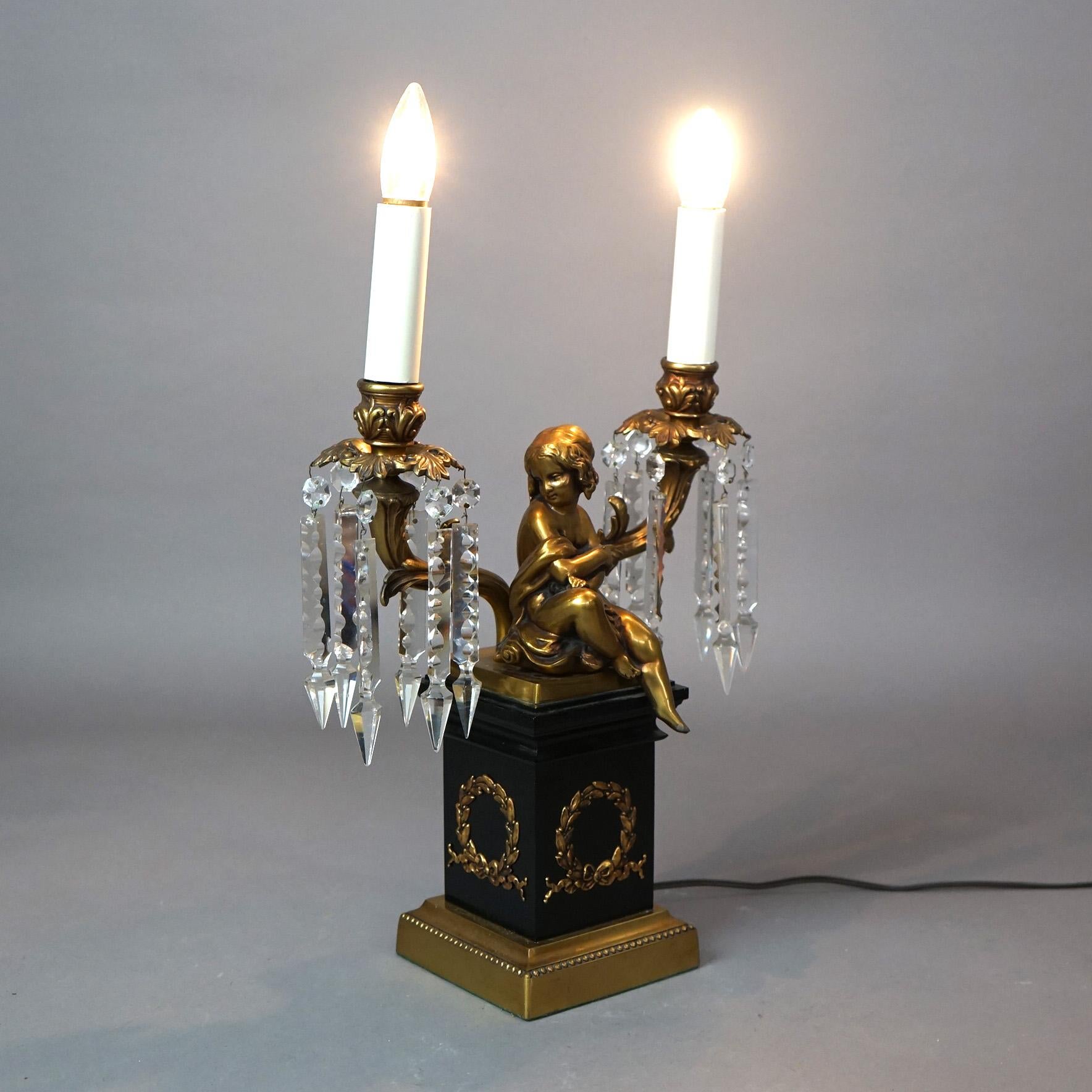  Neoclassical Cherub Figural Two-Arm Brass & Ebonized Metal Table Lamp 20thC For Sale 6