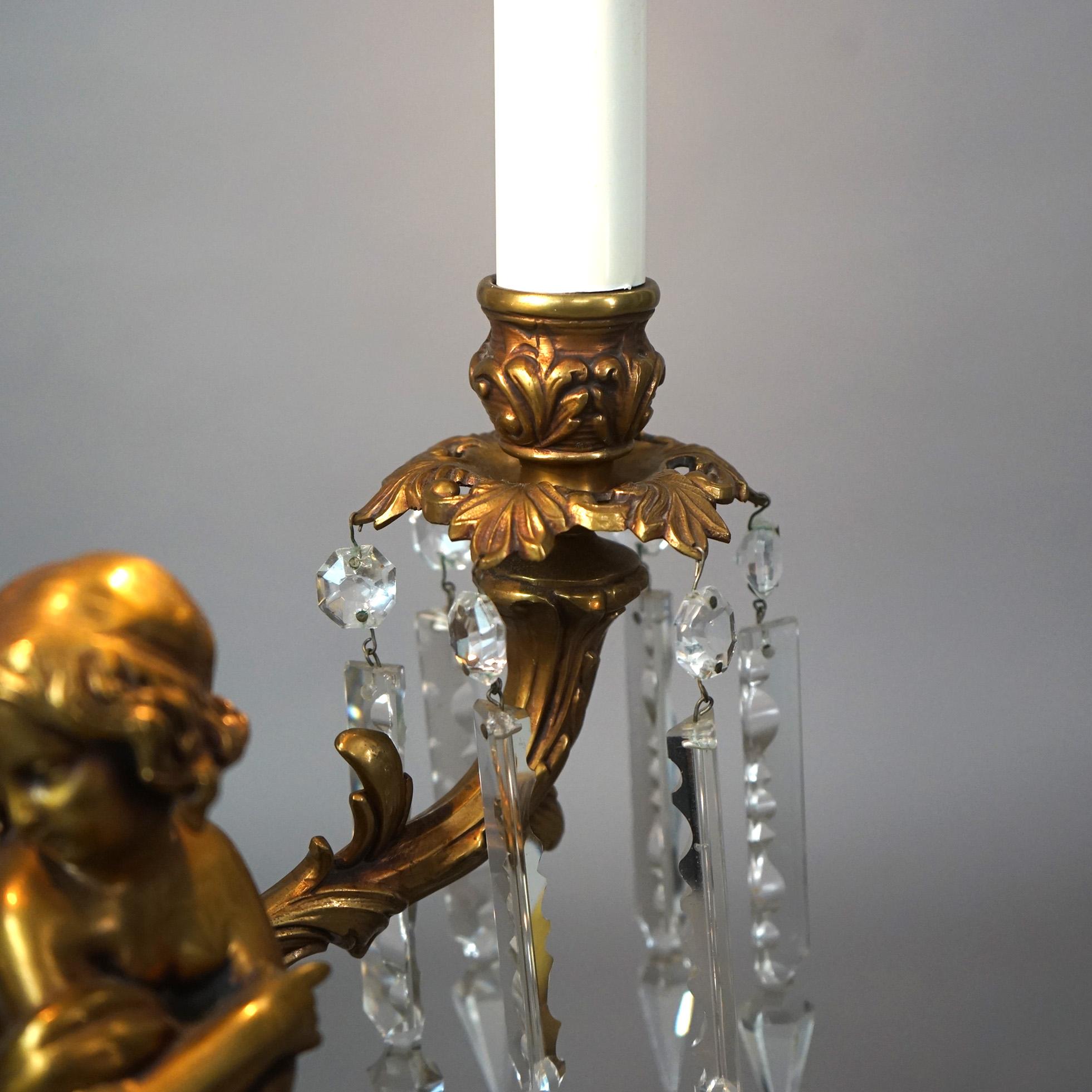  Neoclassical Cherub Figural Two-Arm Brass & Ebonized Metal Table Lamp 20thC For Sale 7