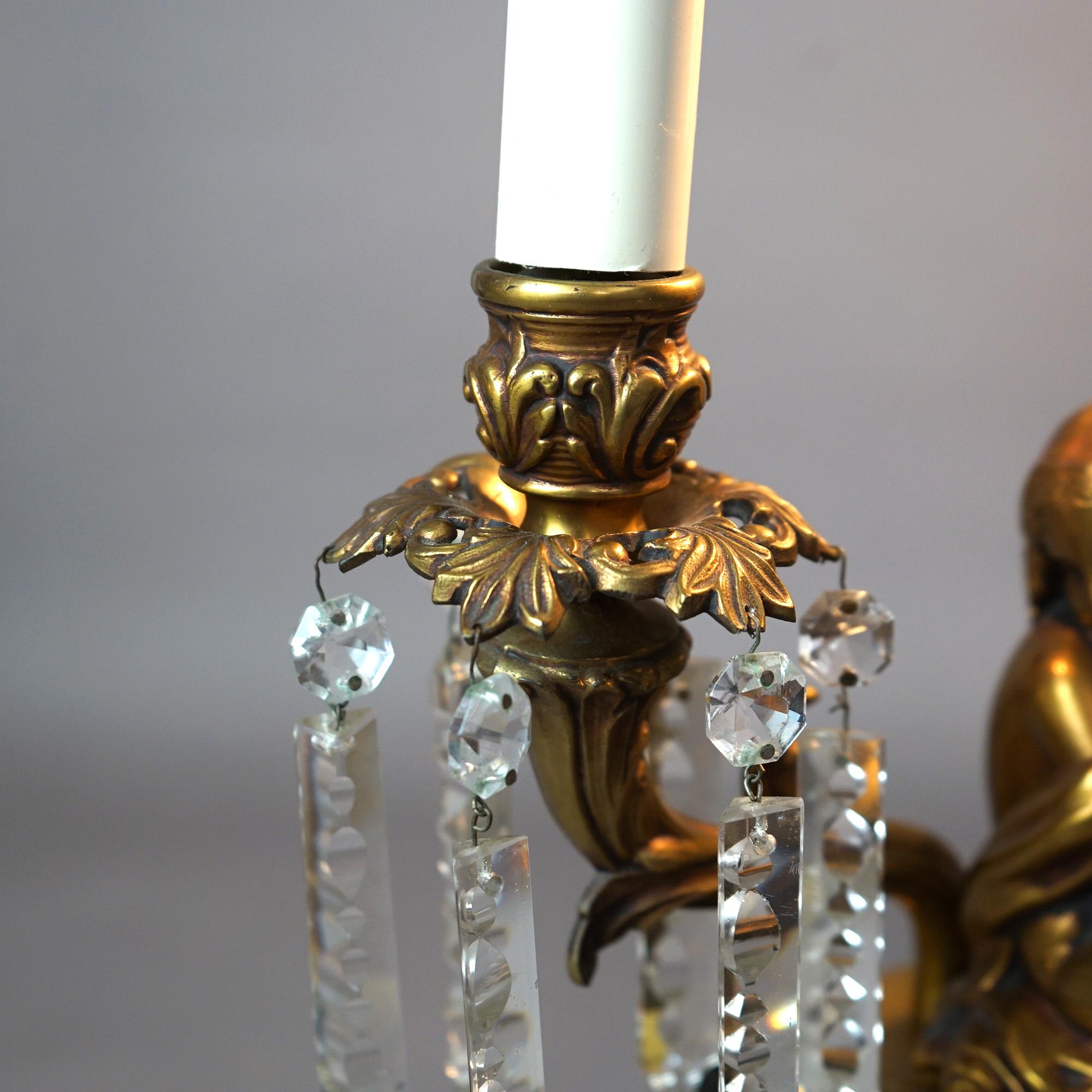  Neoclassical Cherub Figural Two-Arm Brass & Ebonized Metal Table Lamp 20thC For Sale 8