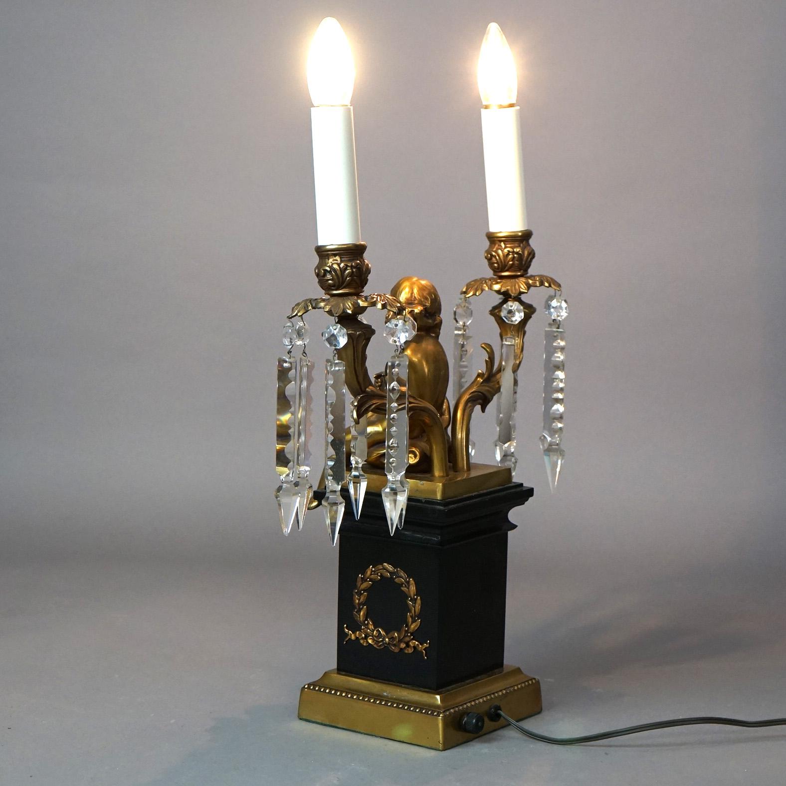  Neoclassical Cherub Figural Two-Arm Brass & Ebonized Metal Table Lamp 20thC For Sale 9