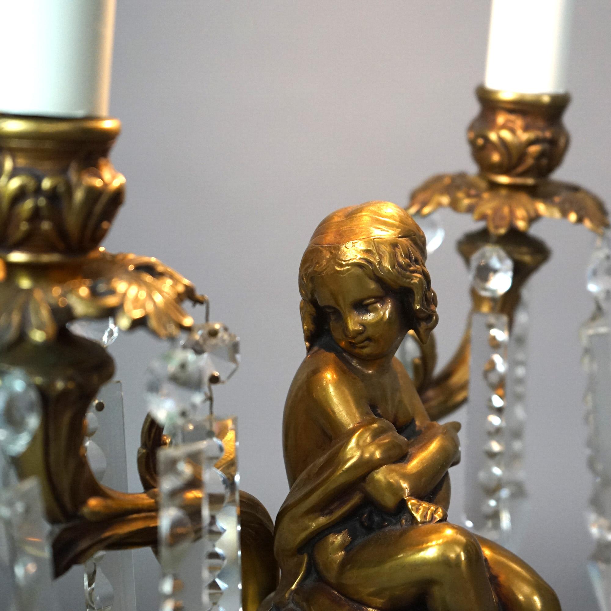  Neoclassical Cherub Figural Two-Arm Brass & Ebonized Metal Table Lamp 20thC For Sale 14
