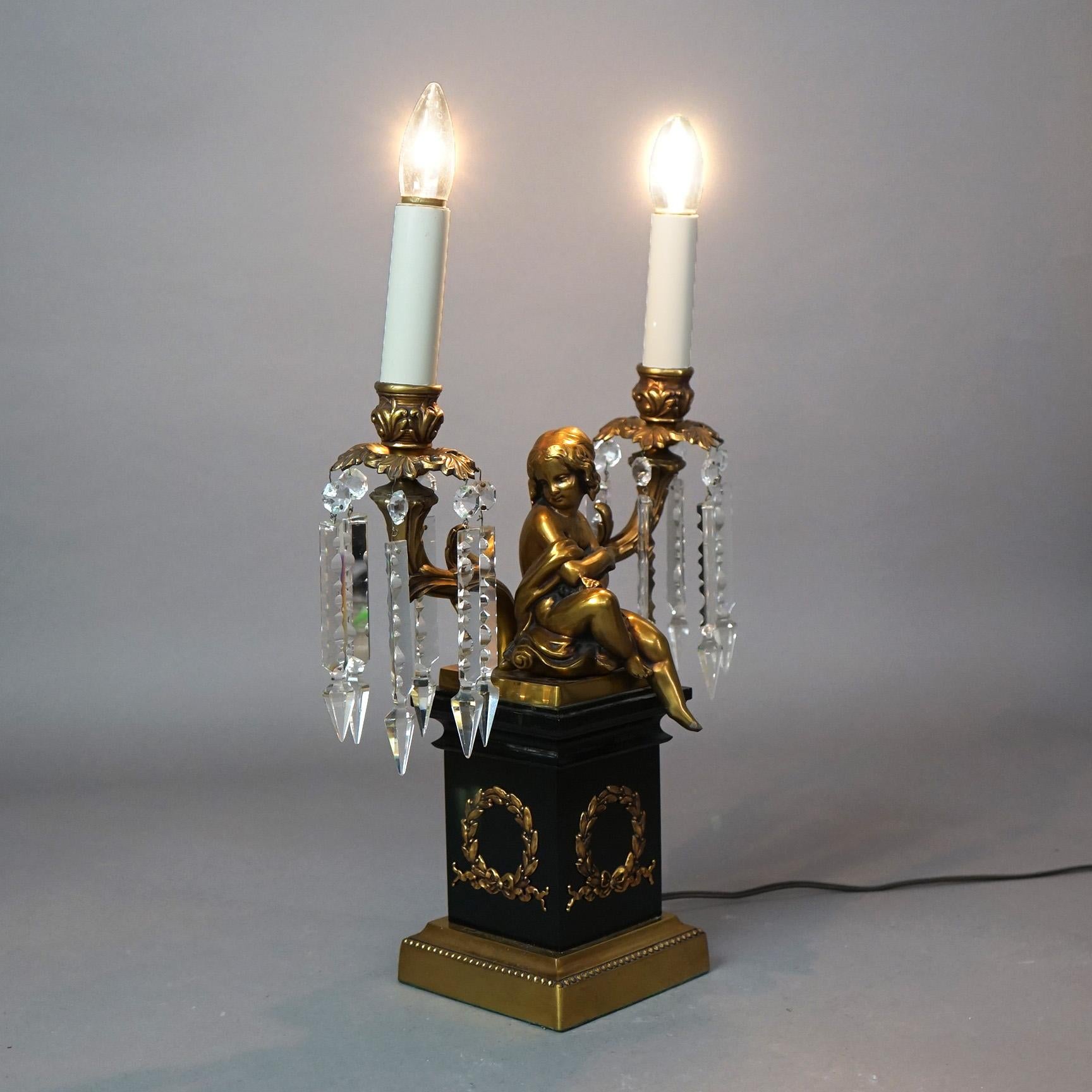  Neoclassical Cherub Figural Two-Arm Brass & Ebonized Metal Table Lamp 20thC For Sale 3