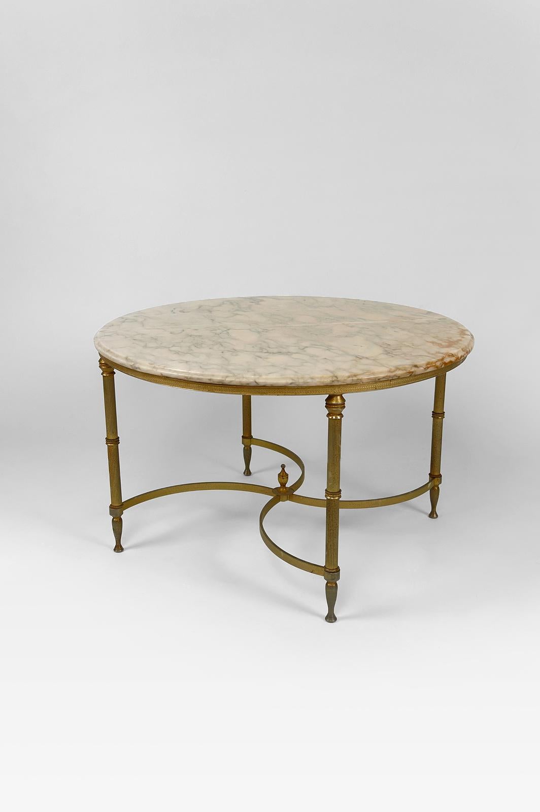 French Neoclassical circular/round coffee table, Brass and Marble, France, circa 1960 For Sale