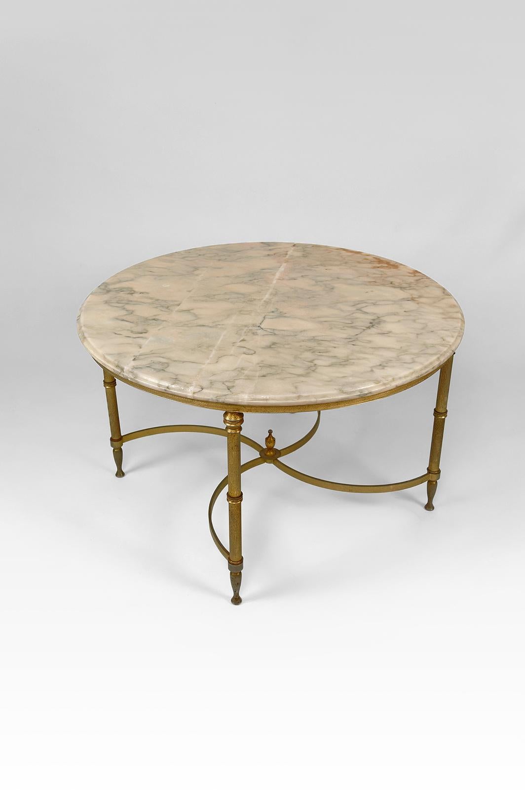 Metal Neoclassical circular/round coffee table, Brass and Marble, France, circa 1960 For Sale