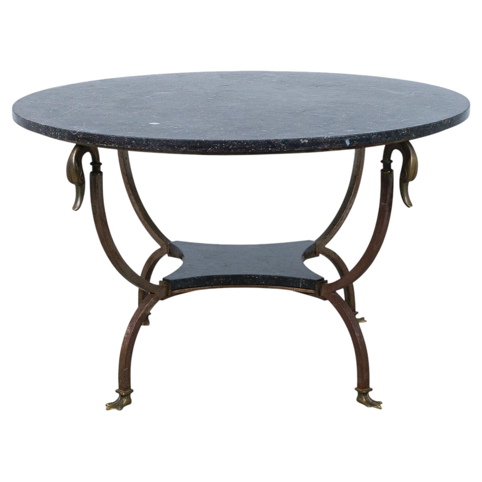Neoclassical Coffee Table Style Maison Jansen Iron, Brass, Marble, 1950