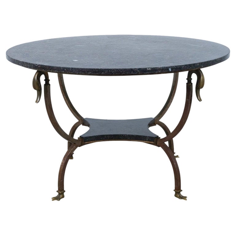 Neoclassical Coffee Table Style Maison Jansen Iron, Brass, Marble, 1950