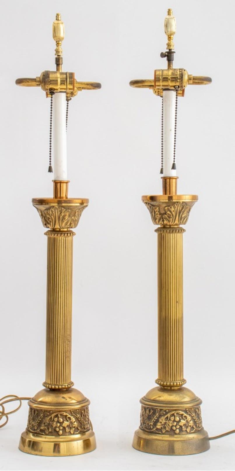 Neoclassical Corinthian Column Brass Lamp, Pair In Good Condition In New York, NY