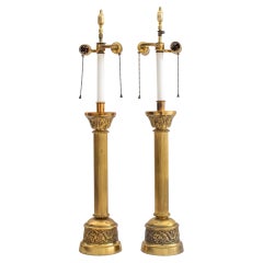 Neoclassical Corinthian Column Brass Lamp, Pair