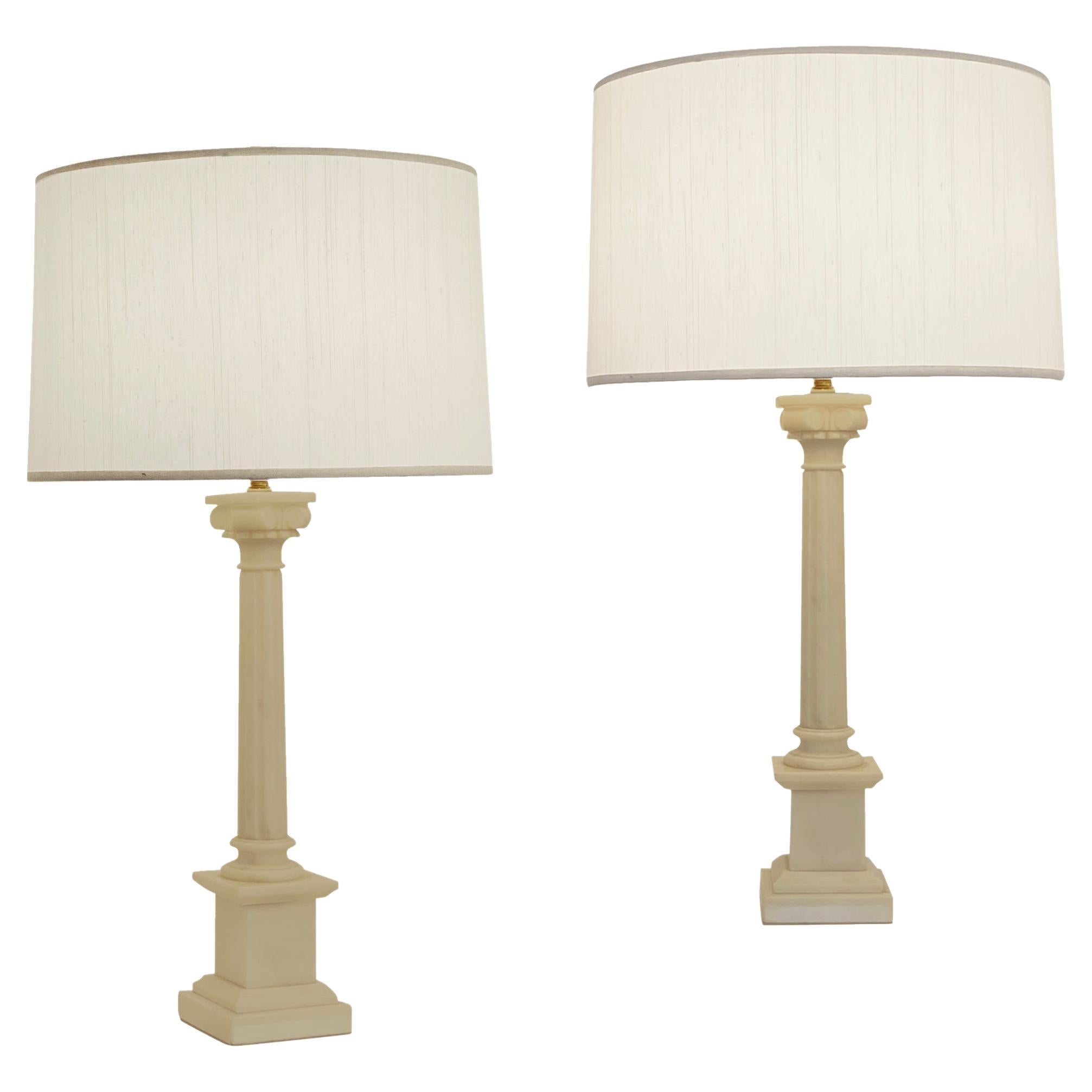 Neoclassical Corinthian Ionic Alabaster Carved Table Lamps, a Pair