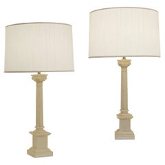 Neoclassical Corinthian Ionic Alabaster Carved Table Lamps, a Pair