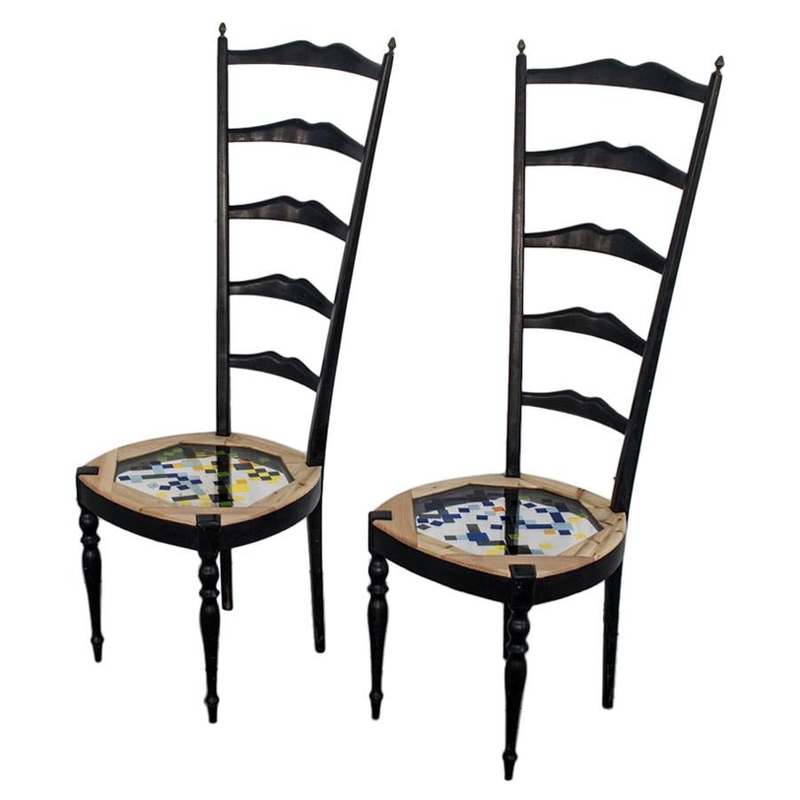 Neoclassical Couple of Tall Chairs in Wood, Transparent Resin and Colored Tiles im Angebot