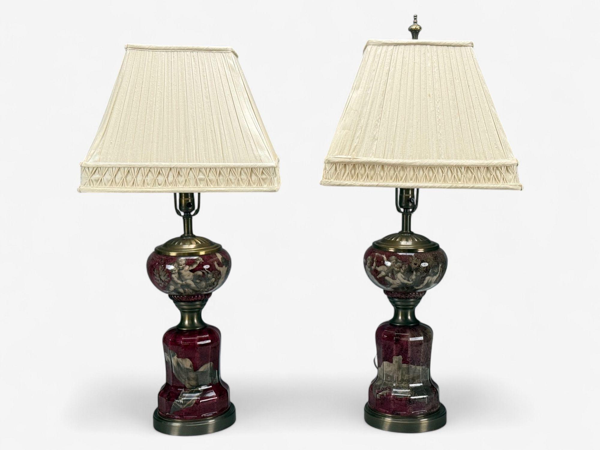 Neoclassical, Cranberry Glass, Decoupage Cherub Table Lamps, USA, 1930s

Pair of neoclassical cranberry glass decoupage cherub decorated table lamps. The vase measures 16 inches in height. Each lamp with finely decorated babies on a cranberry