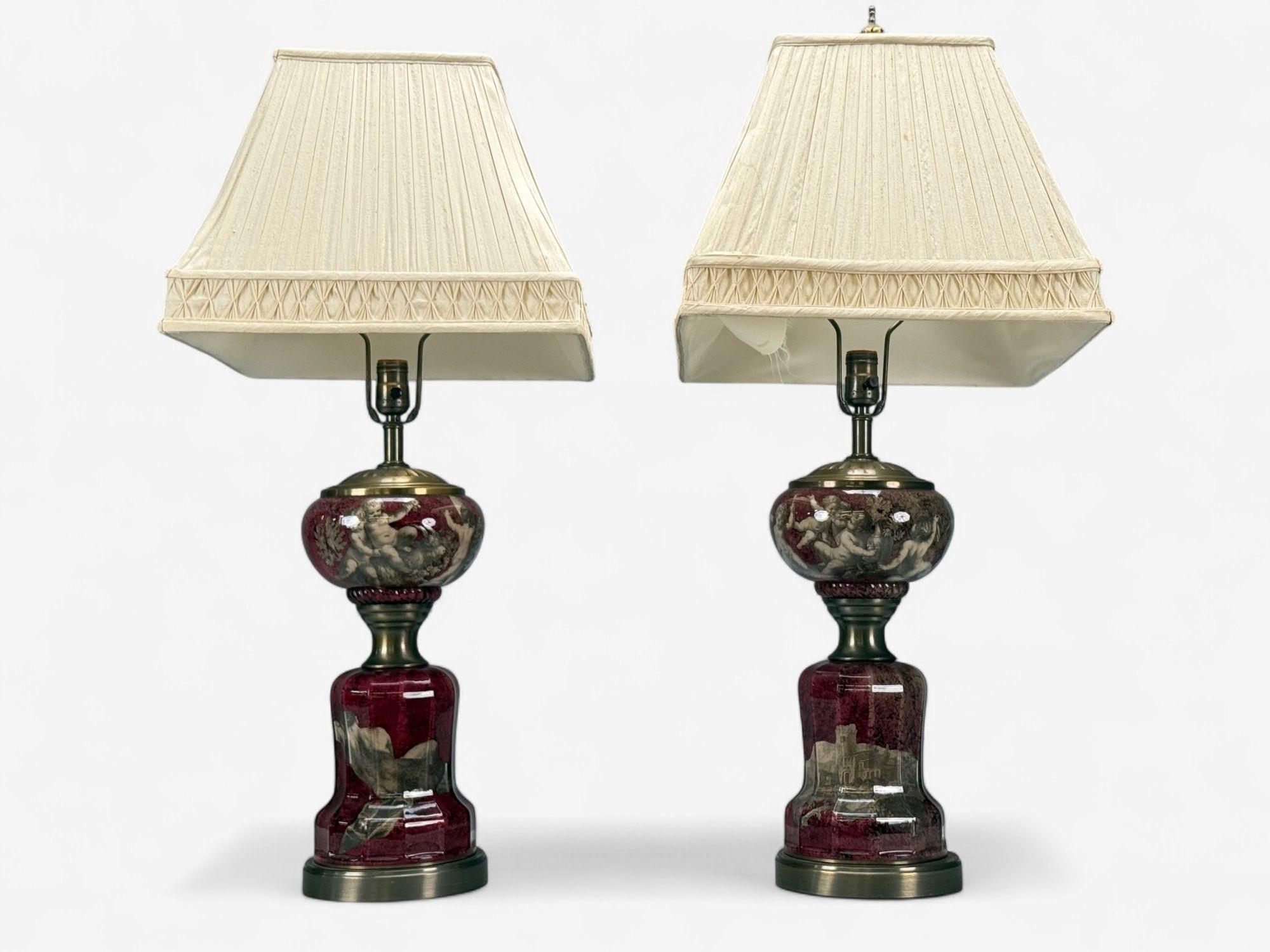 Neoclassical, Cranberry Glass, Decoupage Cherub Table Lamps, USA, 1930s In Good Condition For Sale In Manhasset, NY