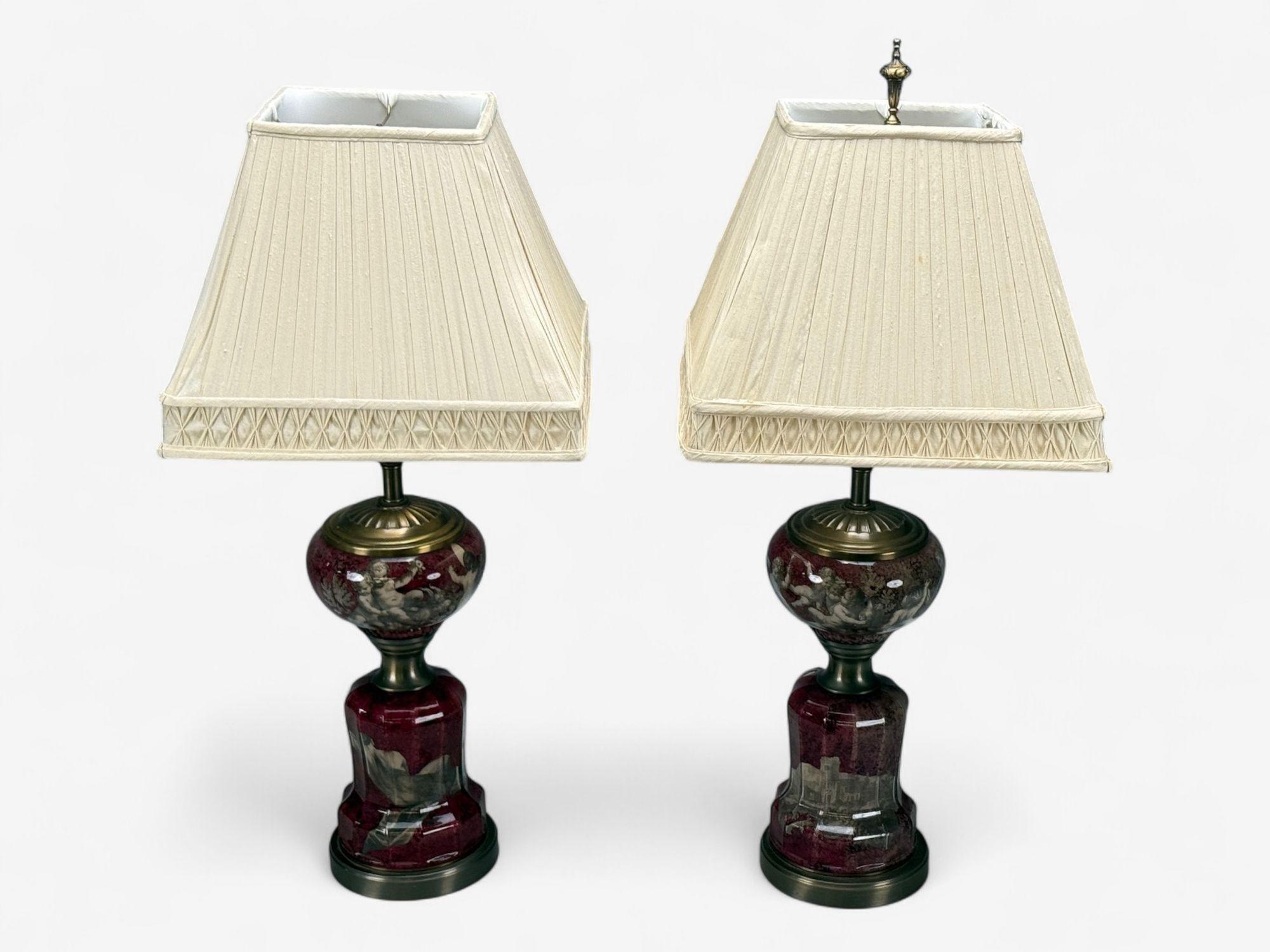Mid-20th Century Neoclassical, Cranberry Glass, Decoupage Cherub Table Lamps, USA, 1930s For Sale
