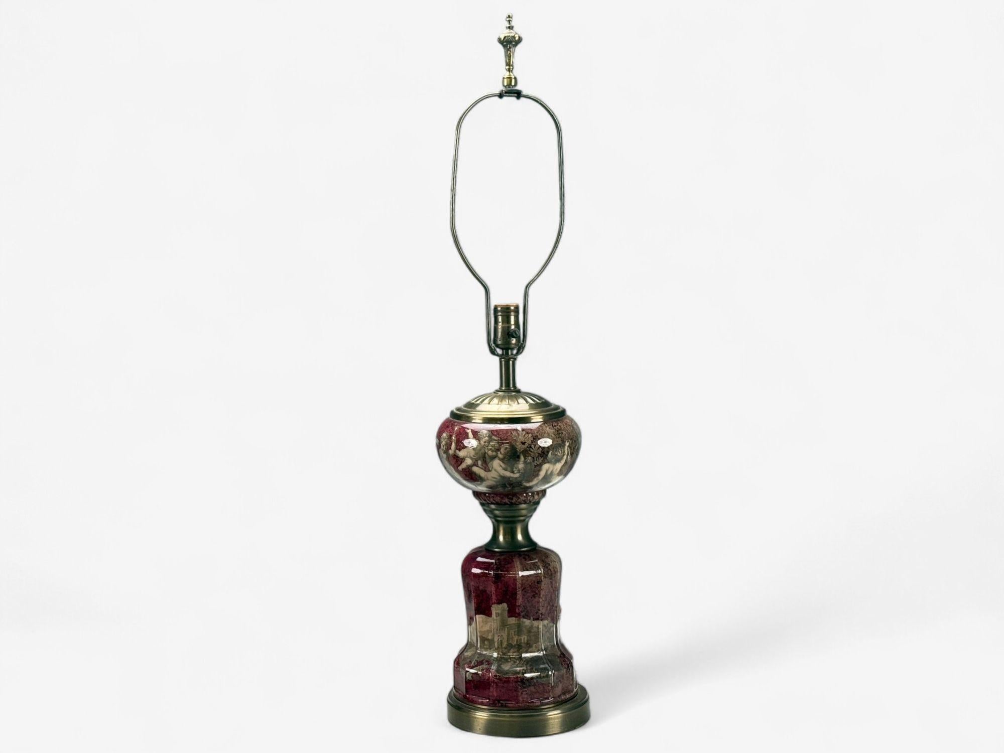 Neoclassical, Cranberry Glass, Decoupage Cherub Table Lamps, USA, 1930s For Sale 2