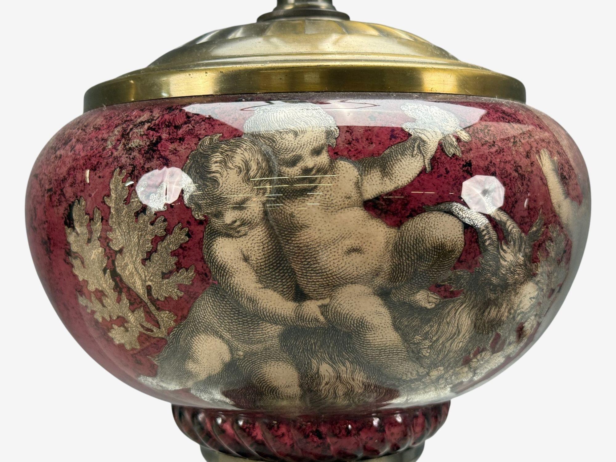 Neoclassical, Cranberry Glass, Decoupage Cherub Table Lamps, USA, 1930s For Sale 5
