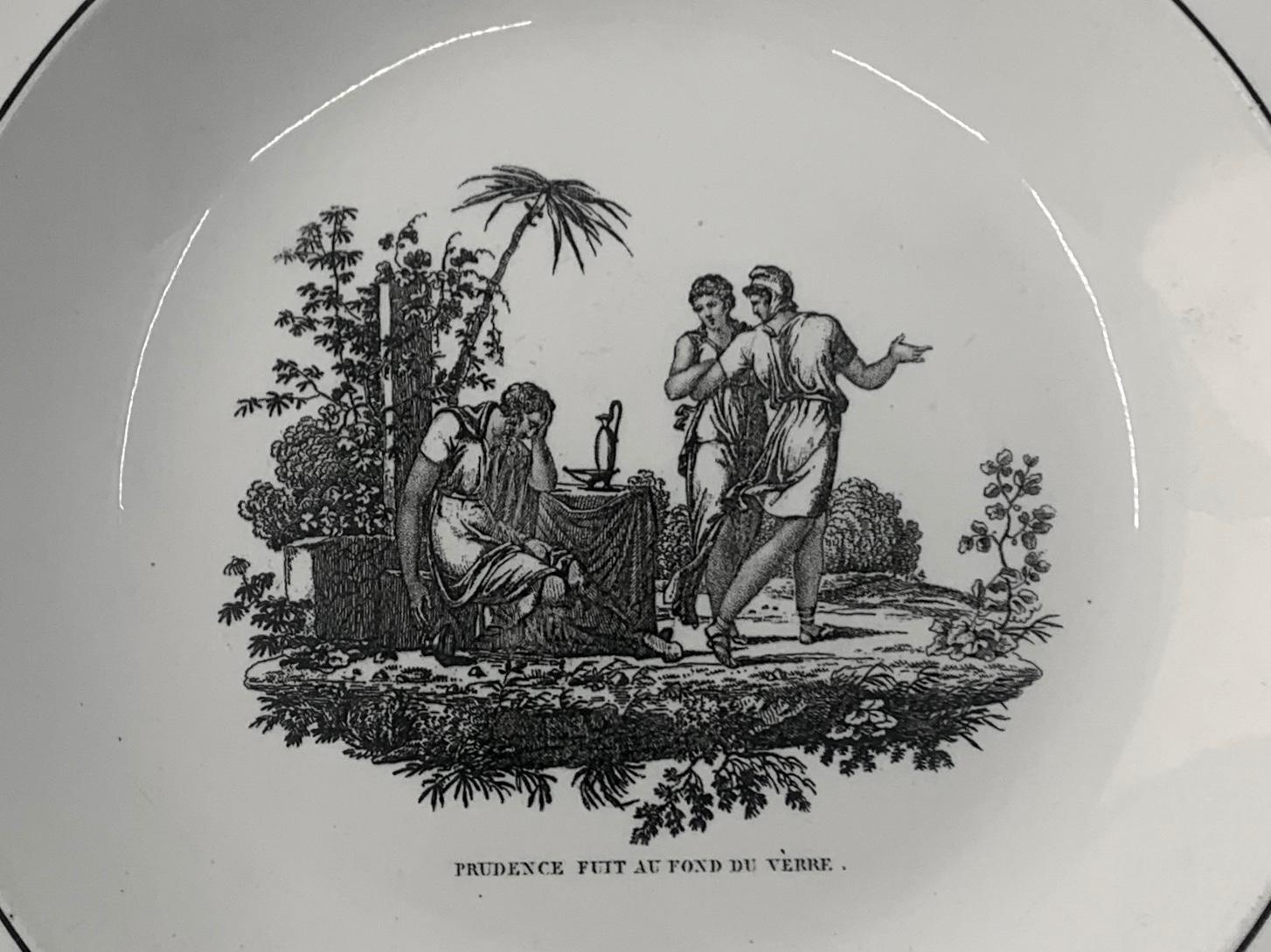 Neoclassical Creil creamware plate. Antique black and white soup plate 