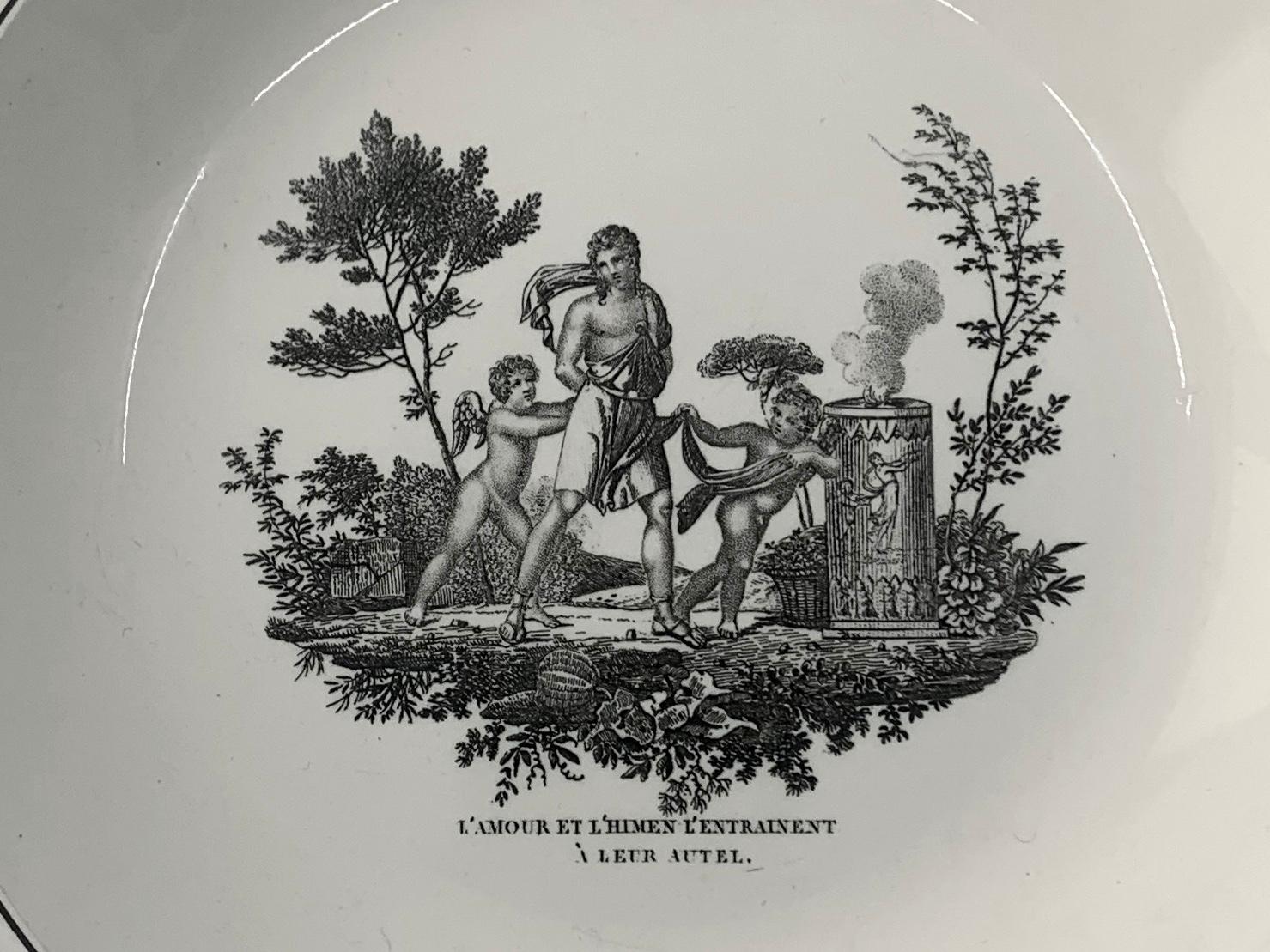 Cupid neoclassical Creil creamware plate. Antique black and white soup plate 