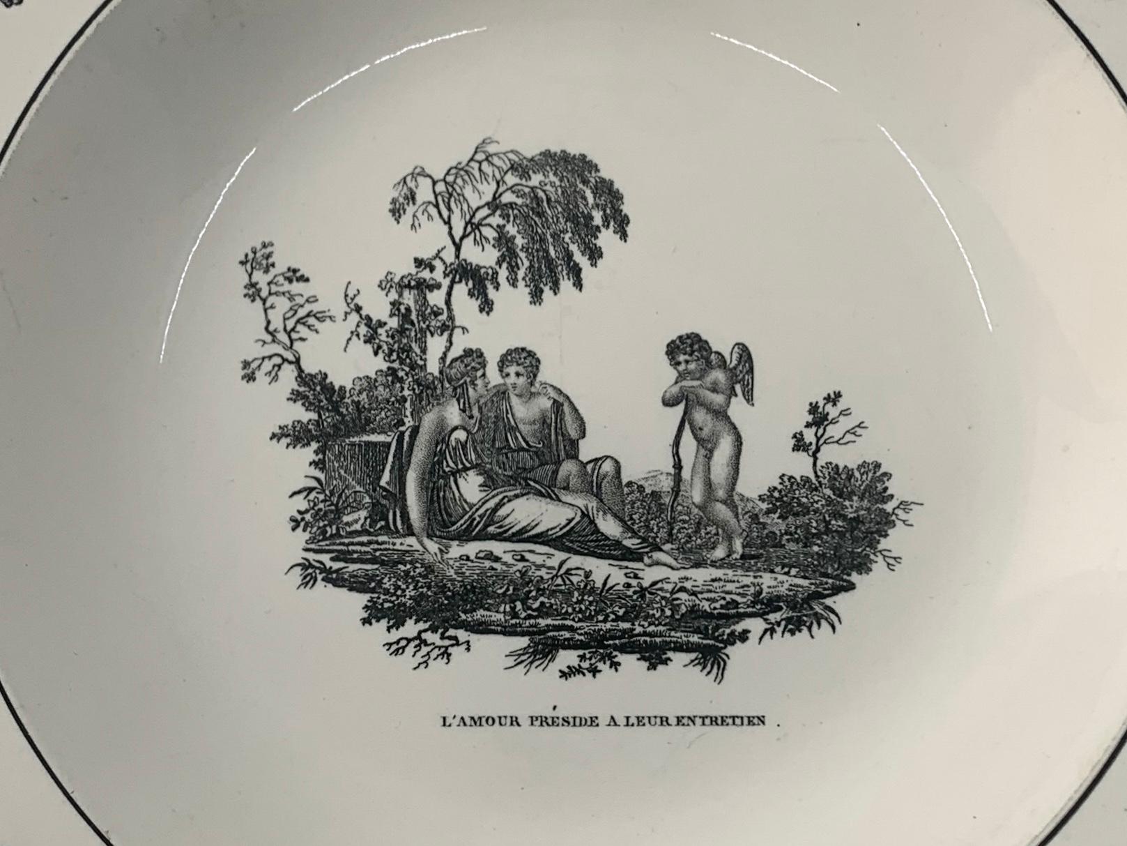 Cupid neoclassical Creil creamware plate. Antique black and white soup plate 