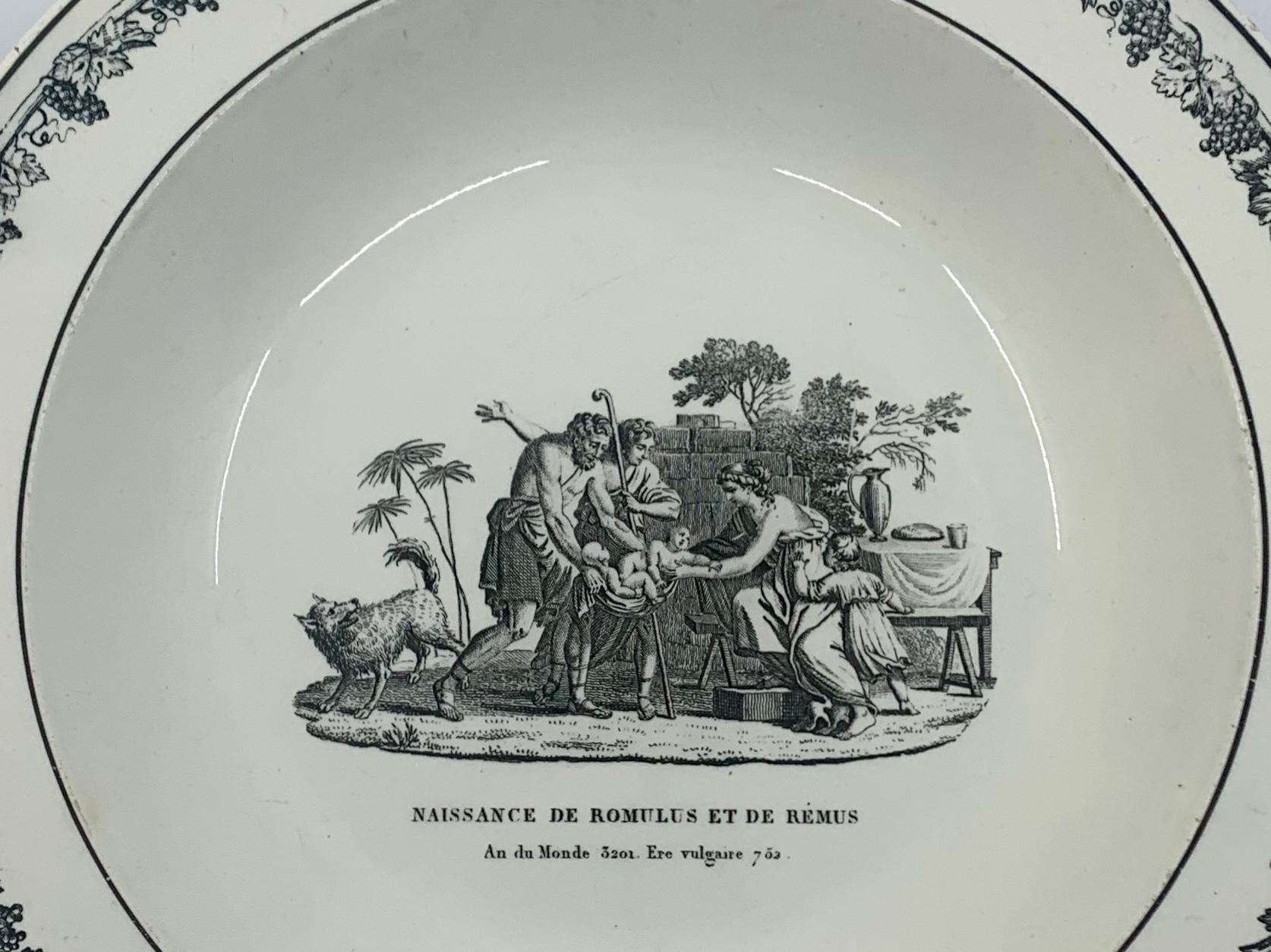 Neoclassical Creil creamware plate. Antique black and white soup plate 