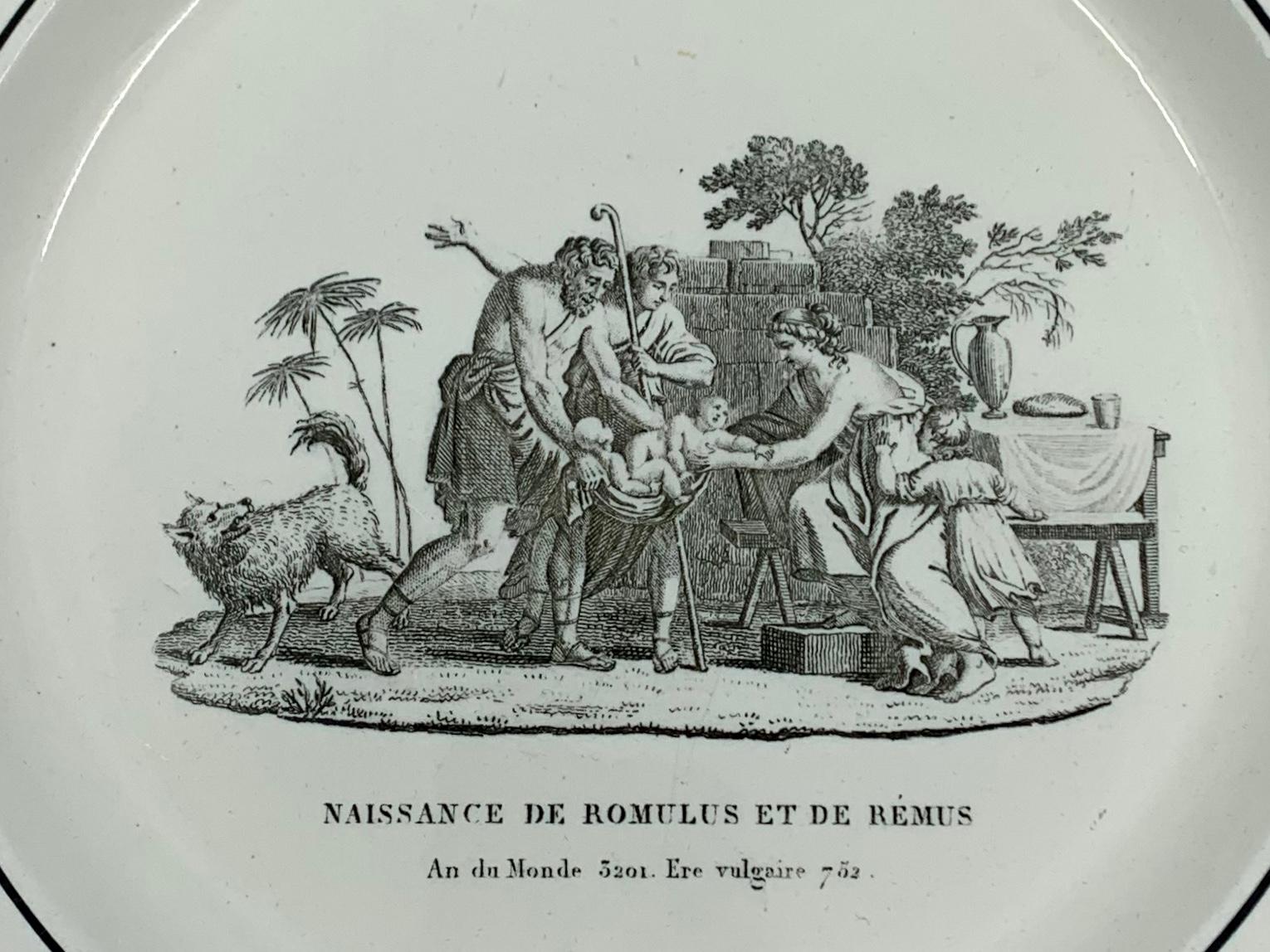 Neoclassical Creil creamware plate. Antique black and white plate 
