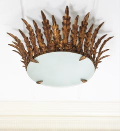 Neoclassical Crown Sunburst Flush Mount with Foliage Design in Gilt Iron