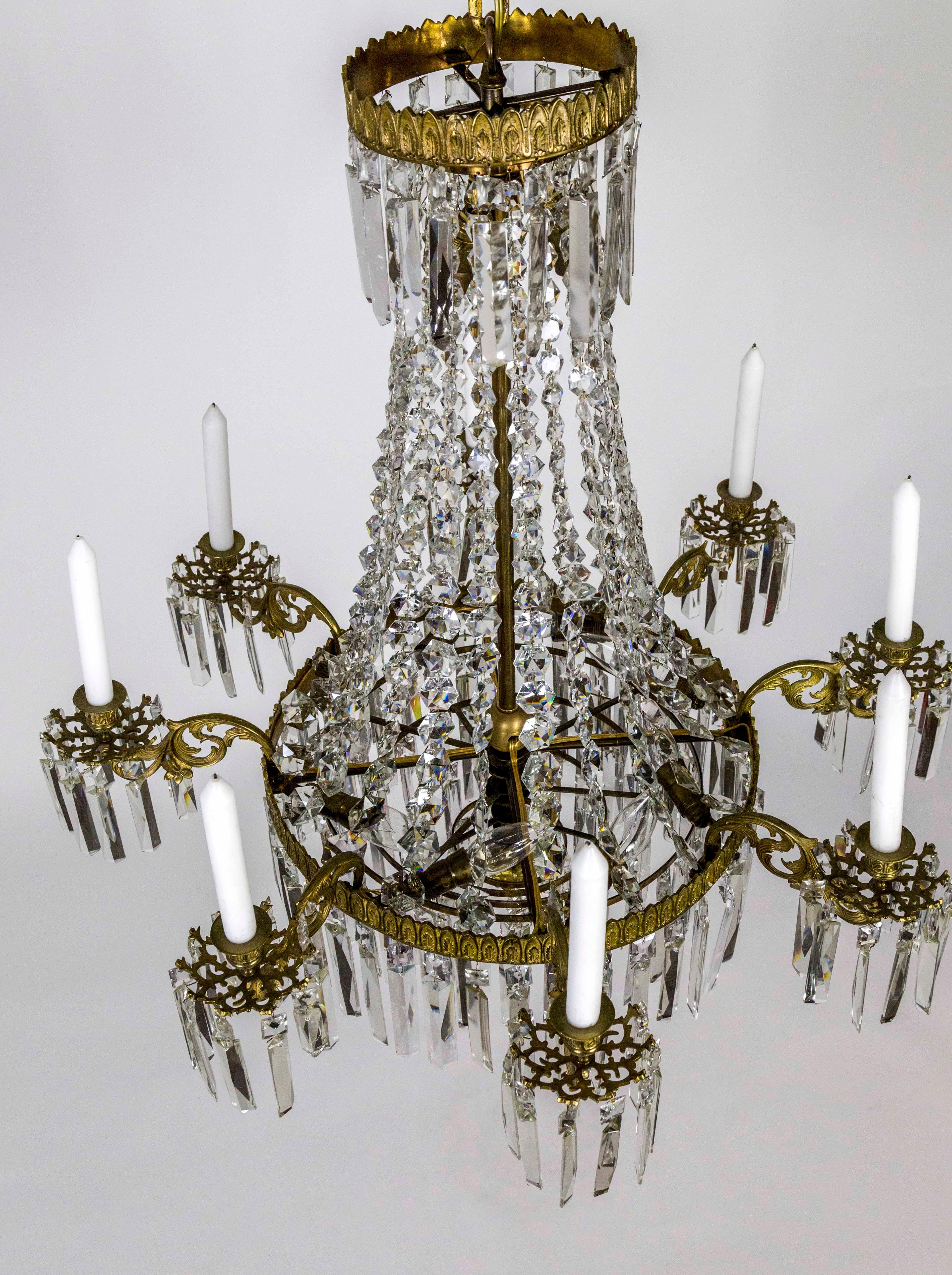 Brass Neoclassical Crystal Tent 8-Arm Candle Chandelier with Interior Lights