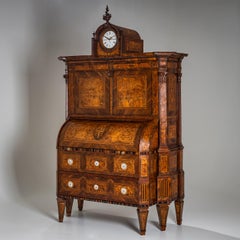 Neoclassical Cylinder Secretary Desk with Clock, circa 1780