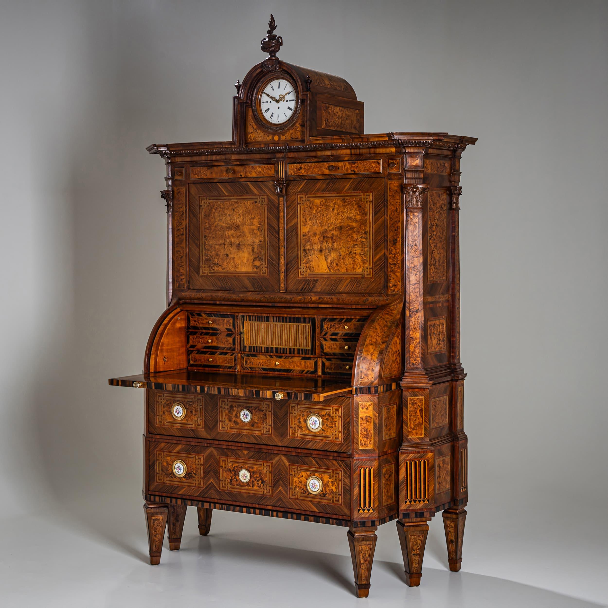 German Neoclassical Cylinder Secretary Desk with Clock, circa 1780 For Sale