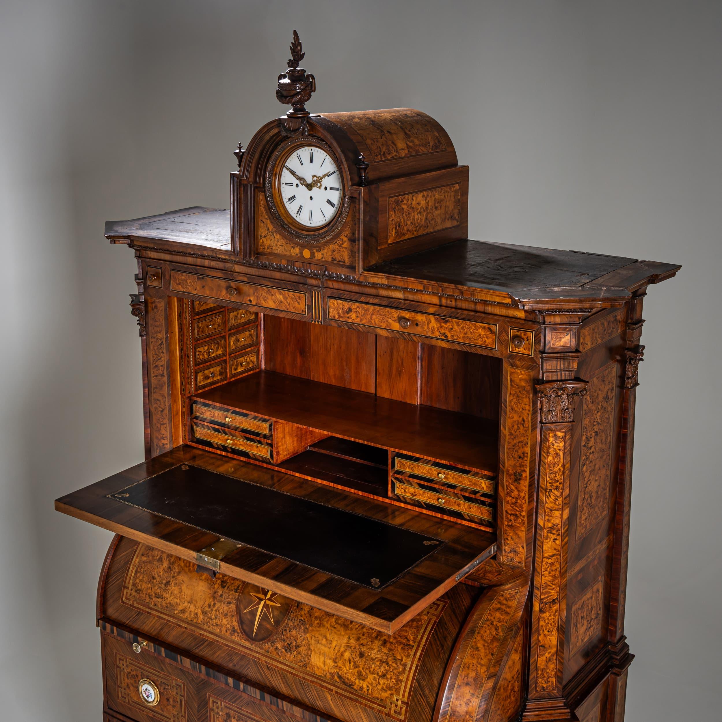 Parquetry Neoclassical Cylinder Secretary Desk with Clock, circa 1780 For Sale