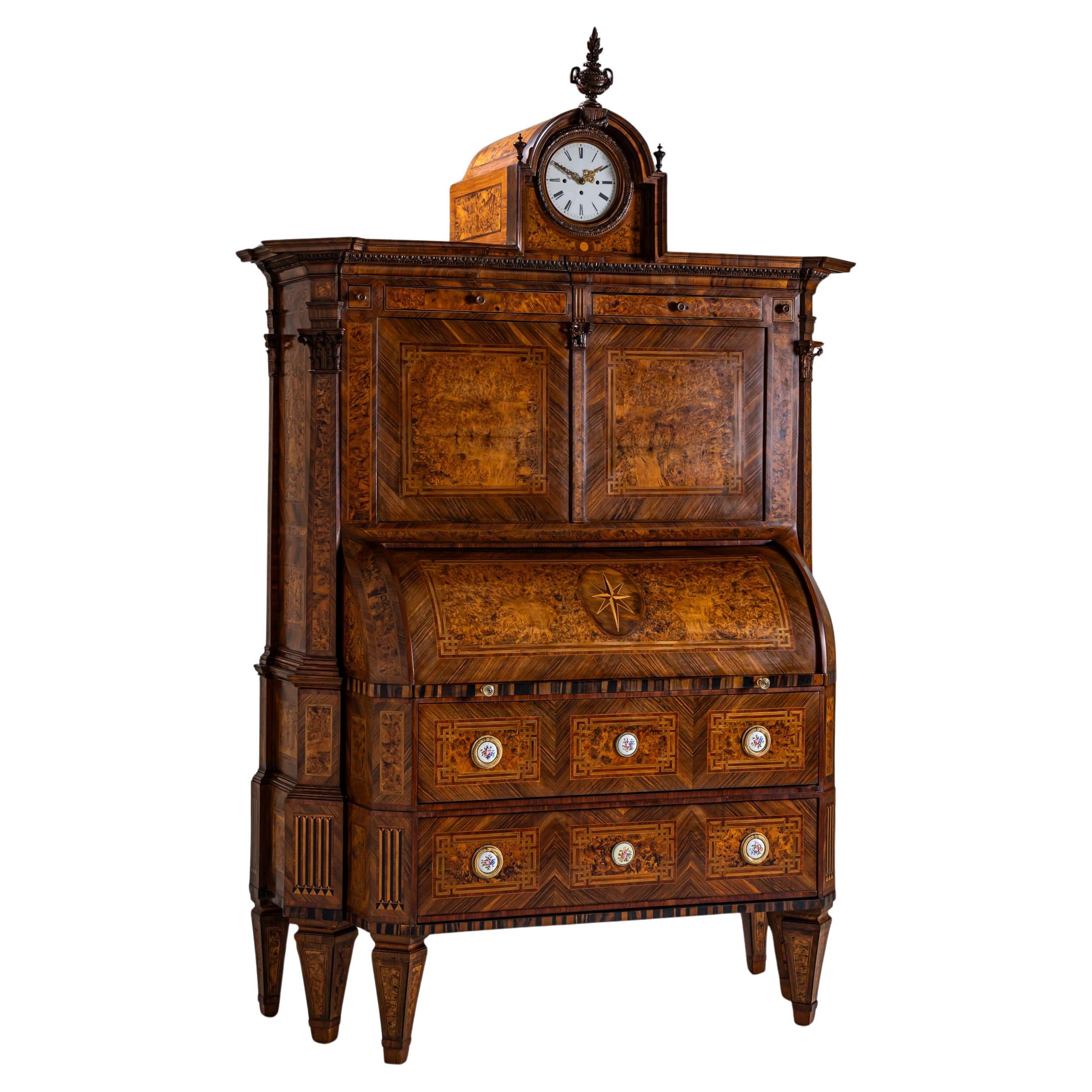Neoclassical Cylinder Secretary Desk with Clock, circa 1780 For Sale